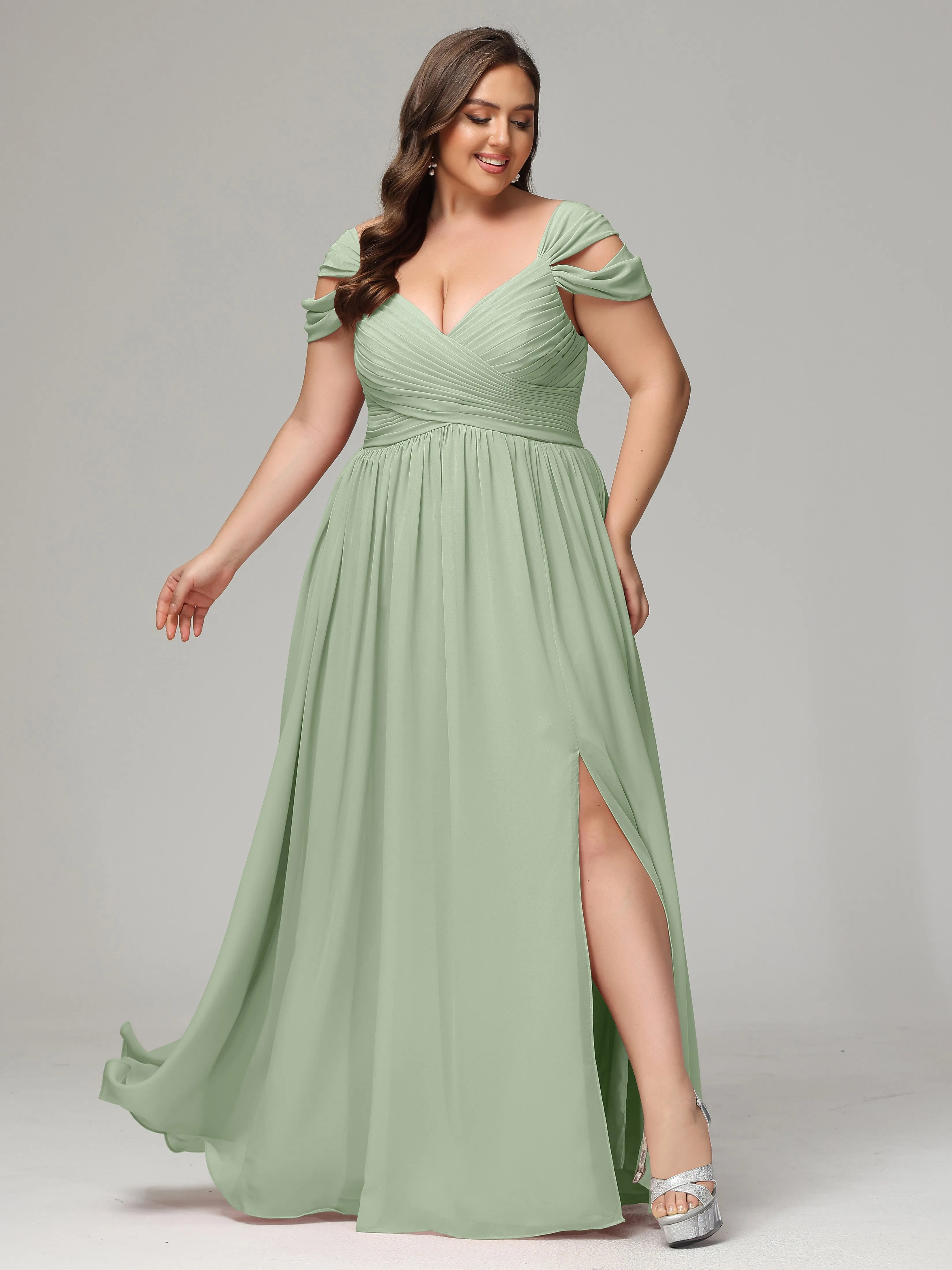 Cap Sleeves Chiffon Plus Size Bridesmaid Dresses With Split