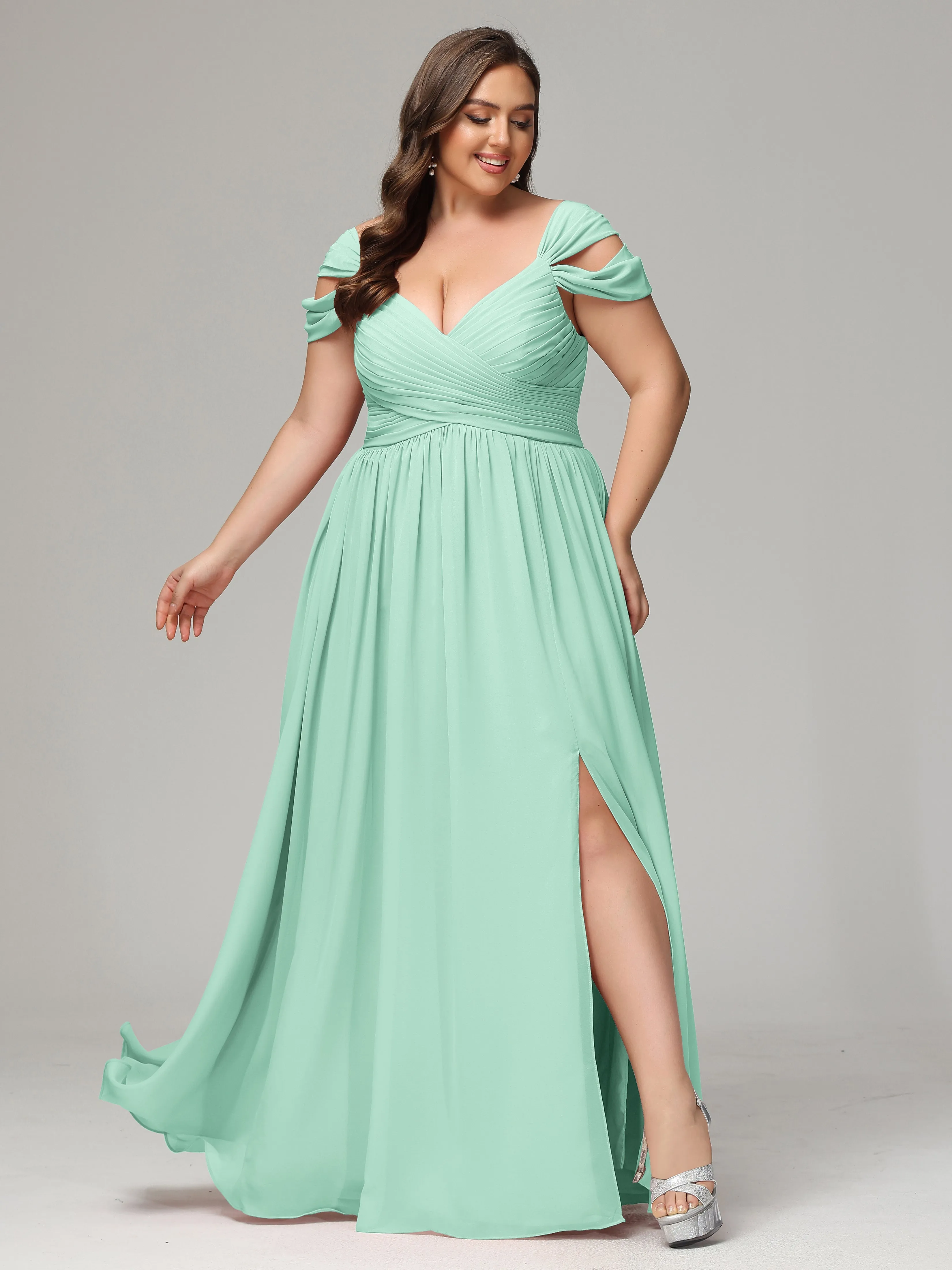 Cap Sleeves Chiffon Plus Size Bridesmaid Dresses With Split