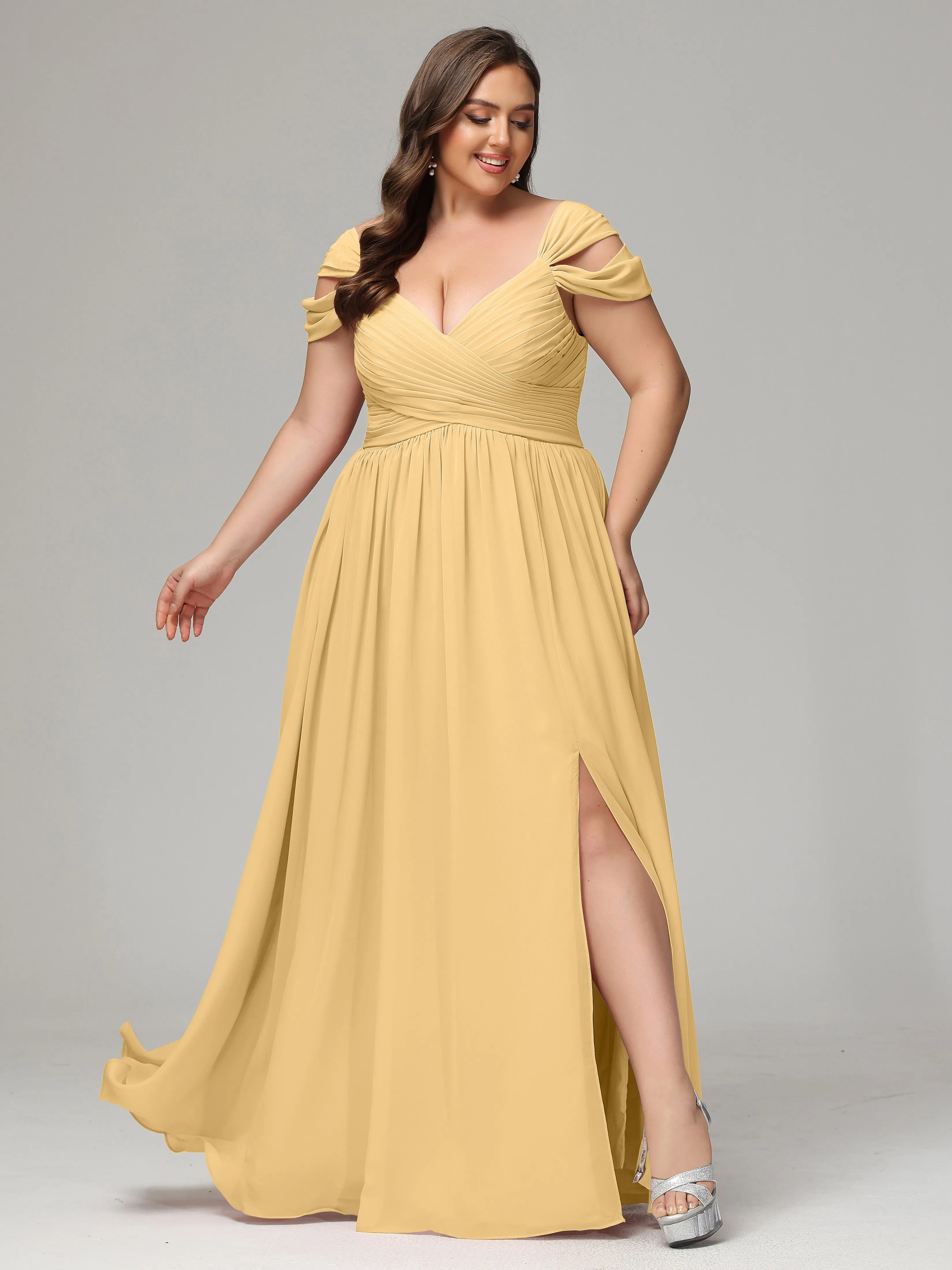 Cap Sleeves Chiffon Plus Size Bridesmaid Dresses With Split