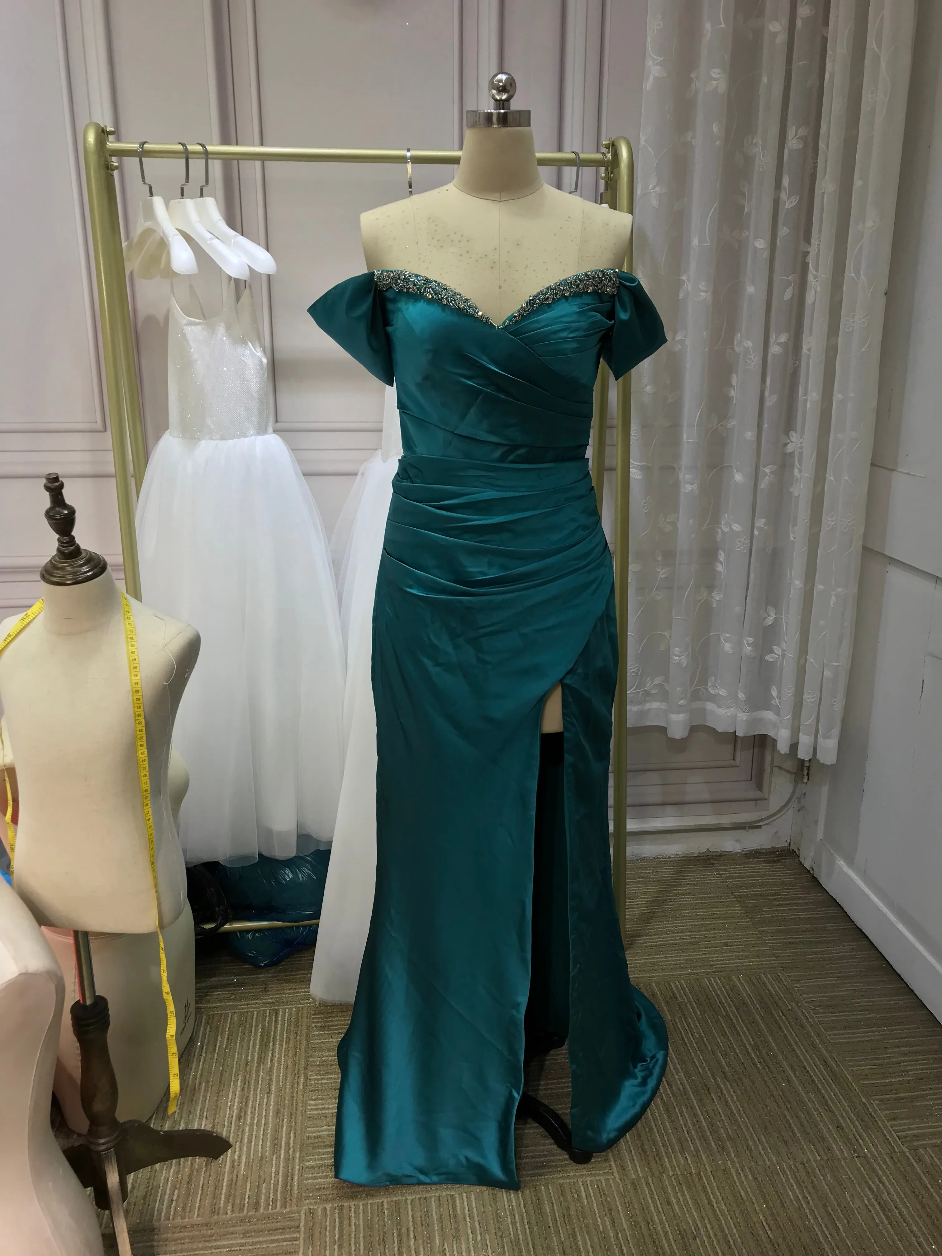 Chic and sexy off shoulder slit skirt peacock blue silk with some beads prom dresses