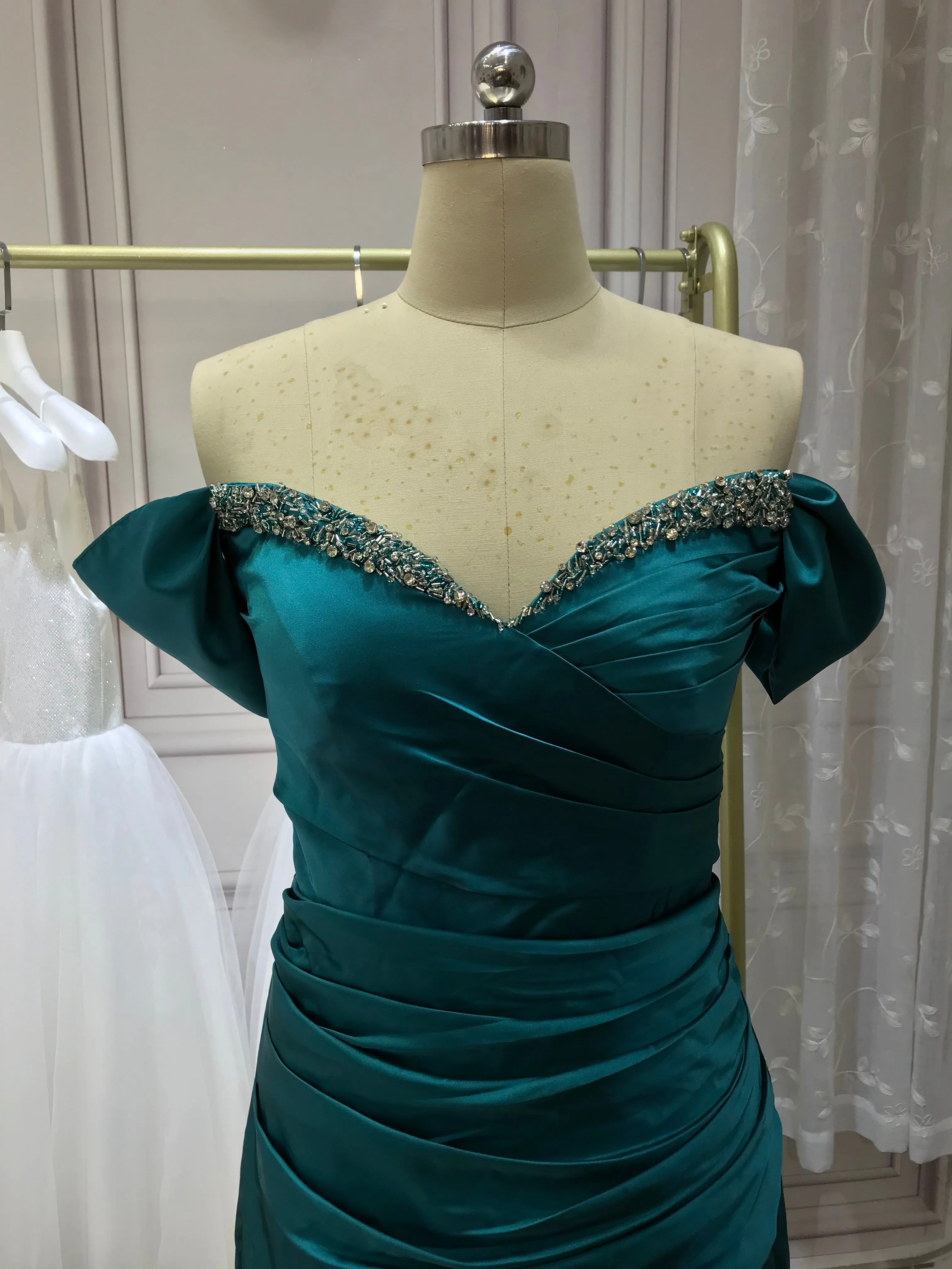 Chic and sexy off shoulder slit skirt peacock blue silk with some beads prom dresses