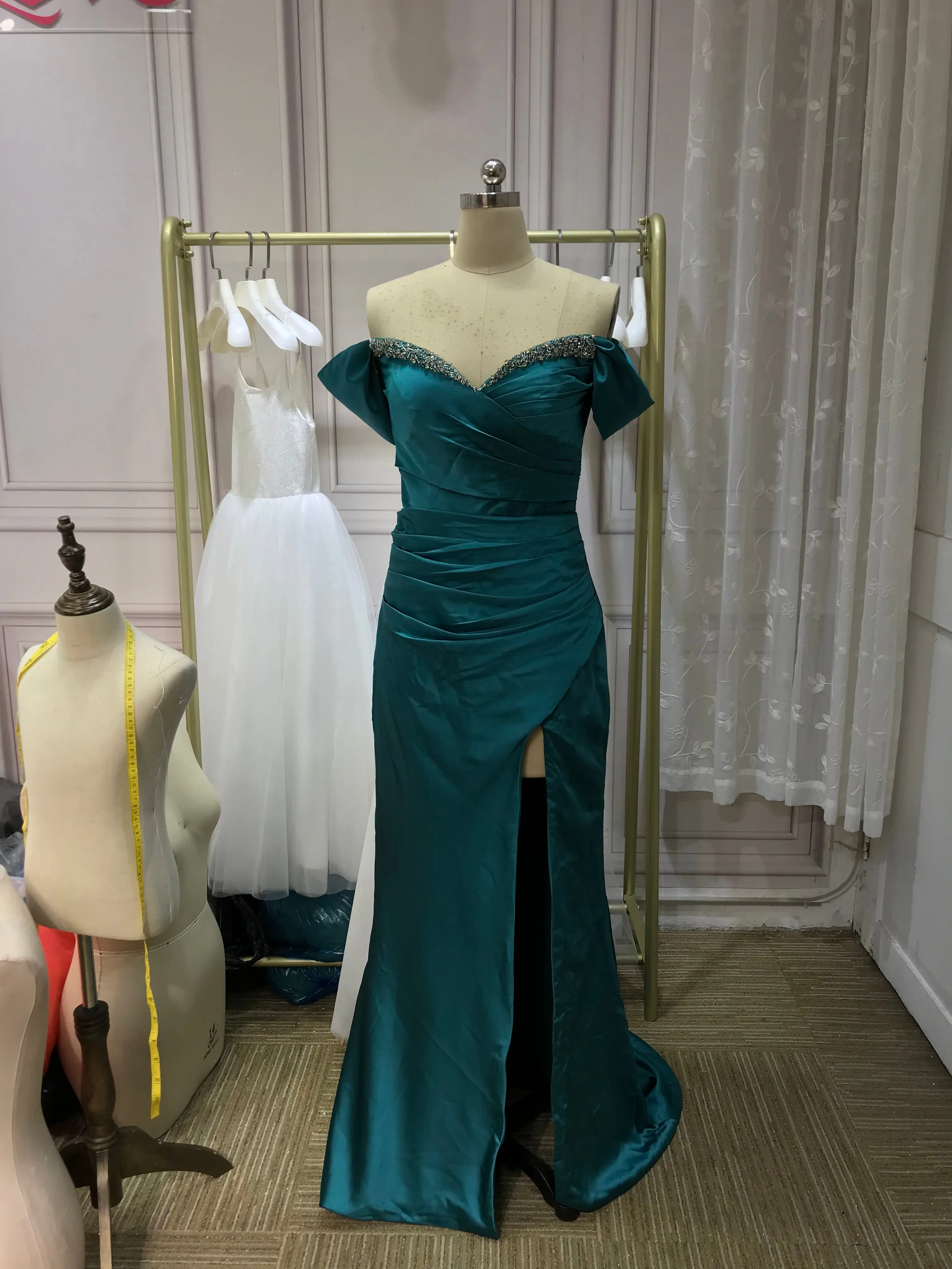 Chic and sexy off shoulder slit skirt peacock blue silk with some beads prom dresses