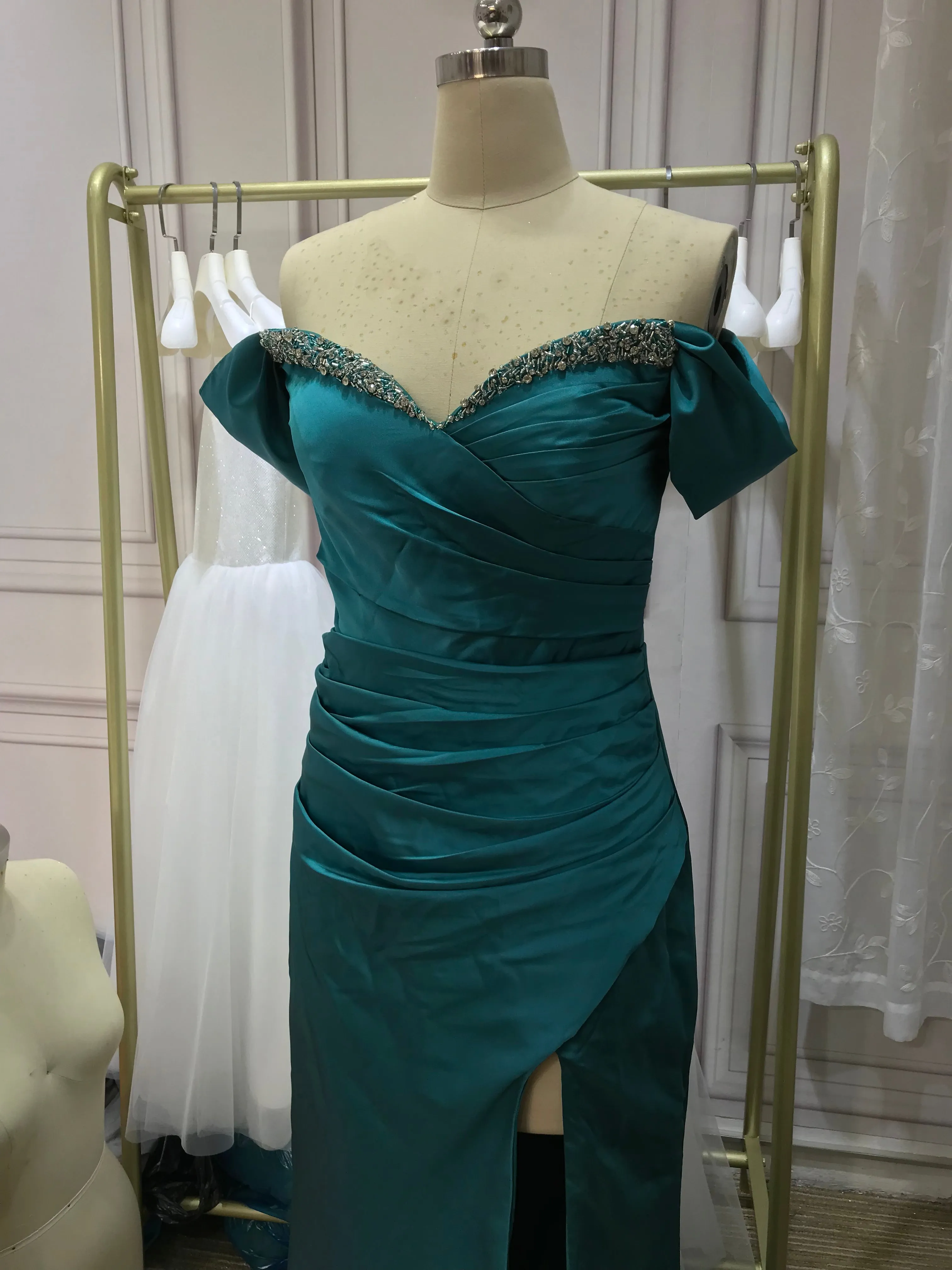 Chic and sexy off shoulder slit skirt peacock blue silk with some beads prom dresses