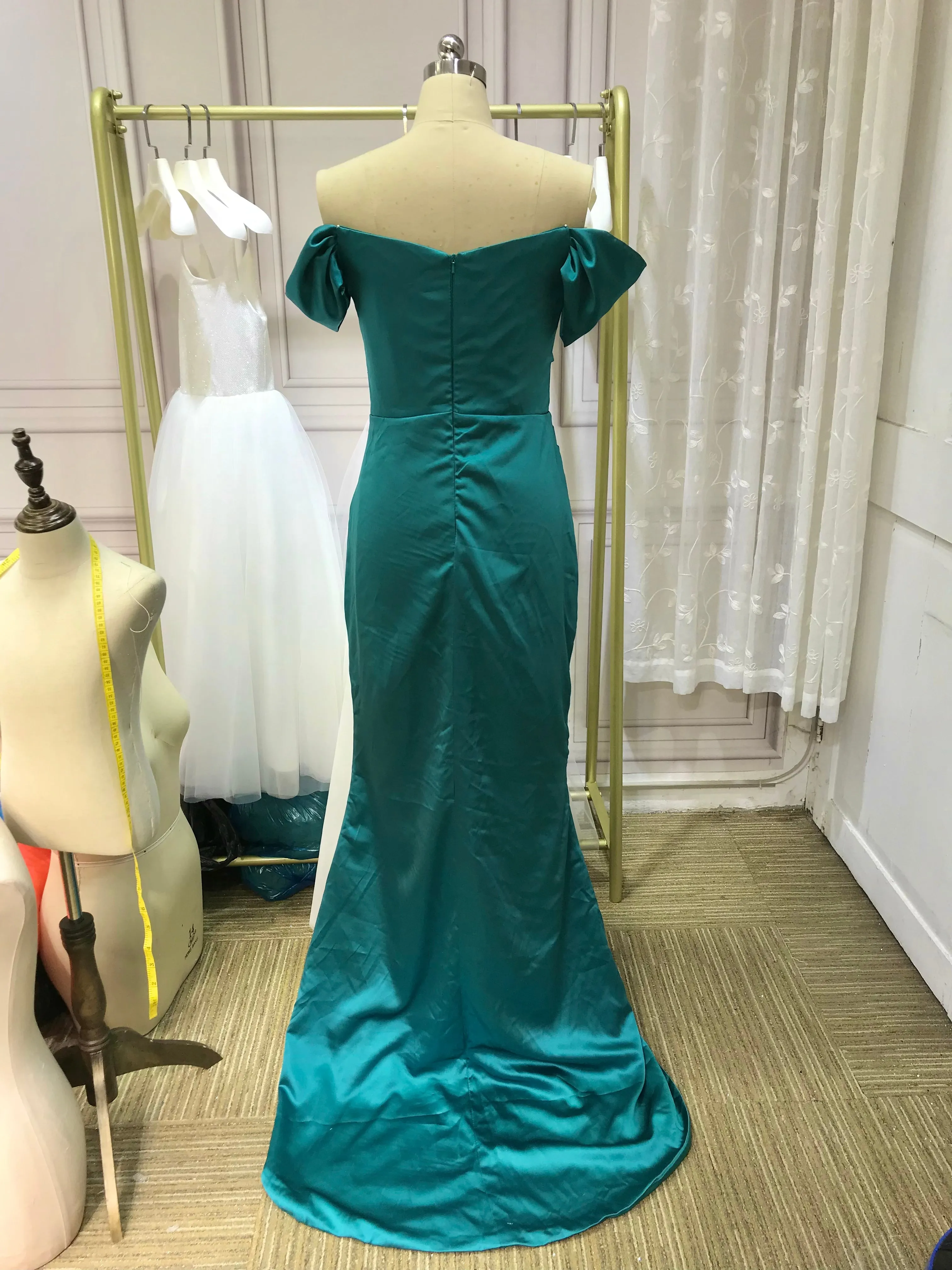 Chic and sexy off shoulder slit skirt peacock blue silk with some beads prom dresses