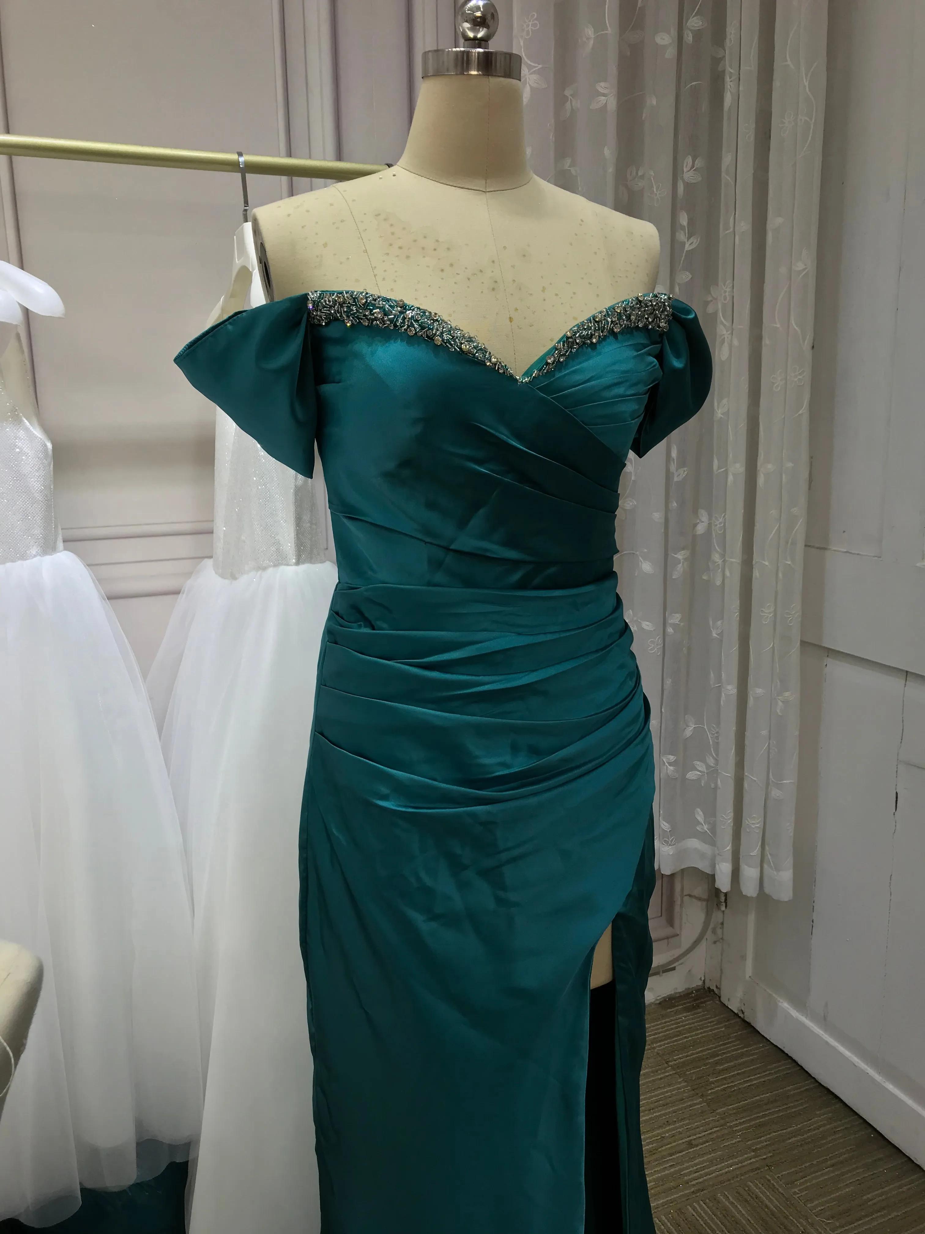 Chic and sexy off shoulder slit skirt peacock blue silk with some beads prom dresses