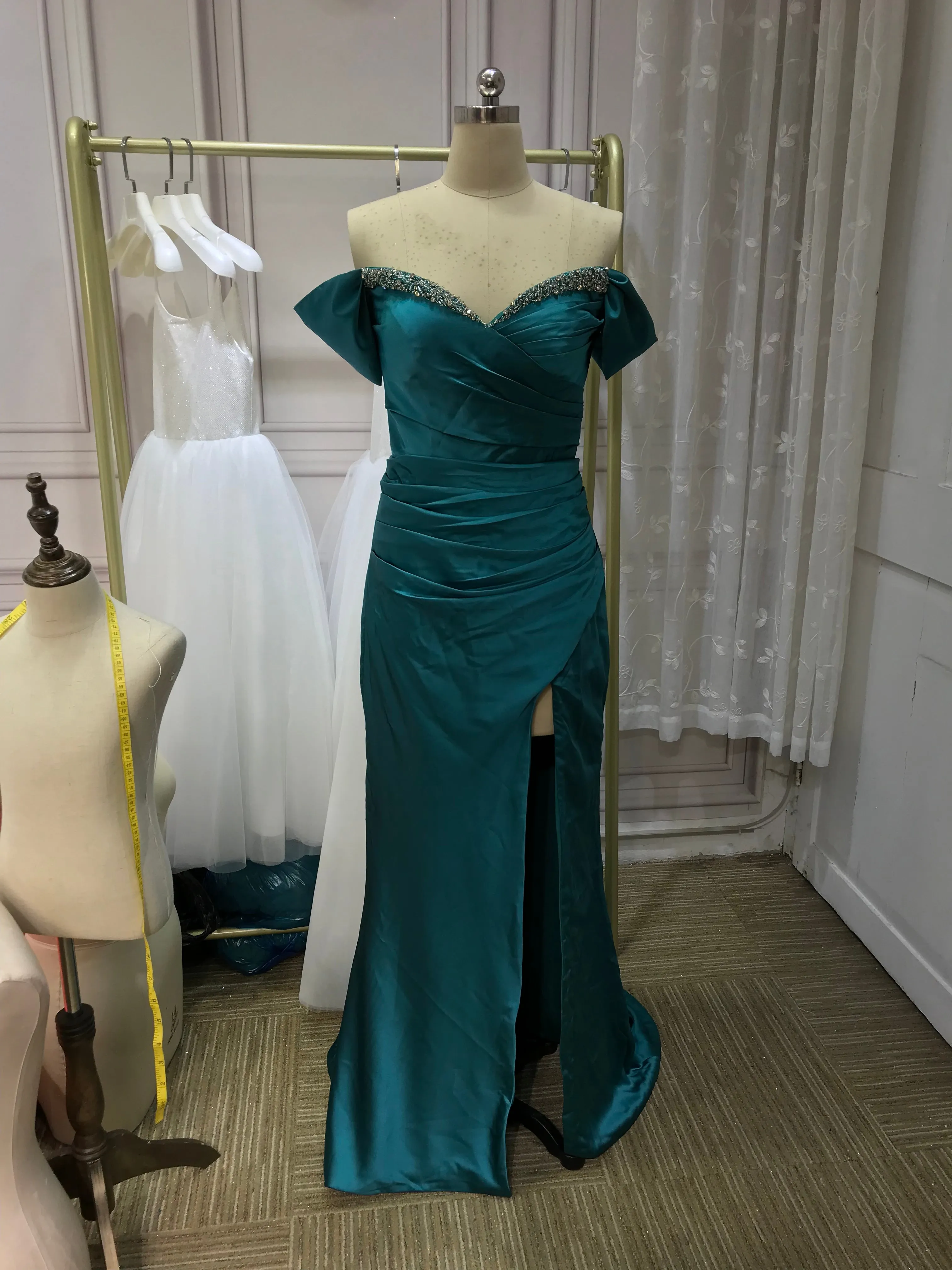 Chic and sexy off shoulder slit skirt peacock blue silk with some beads prom dresses