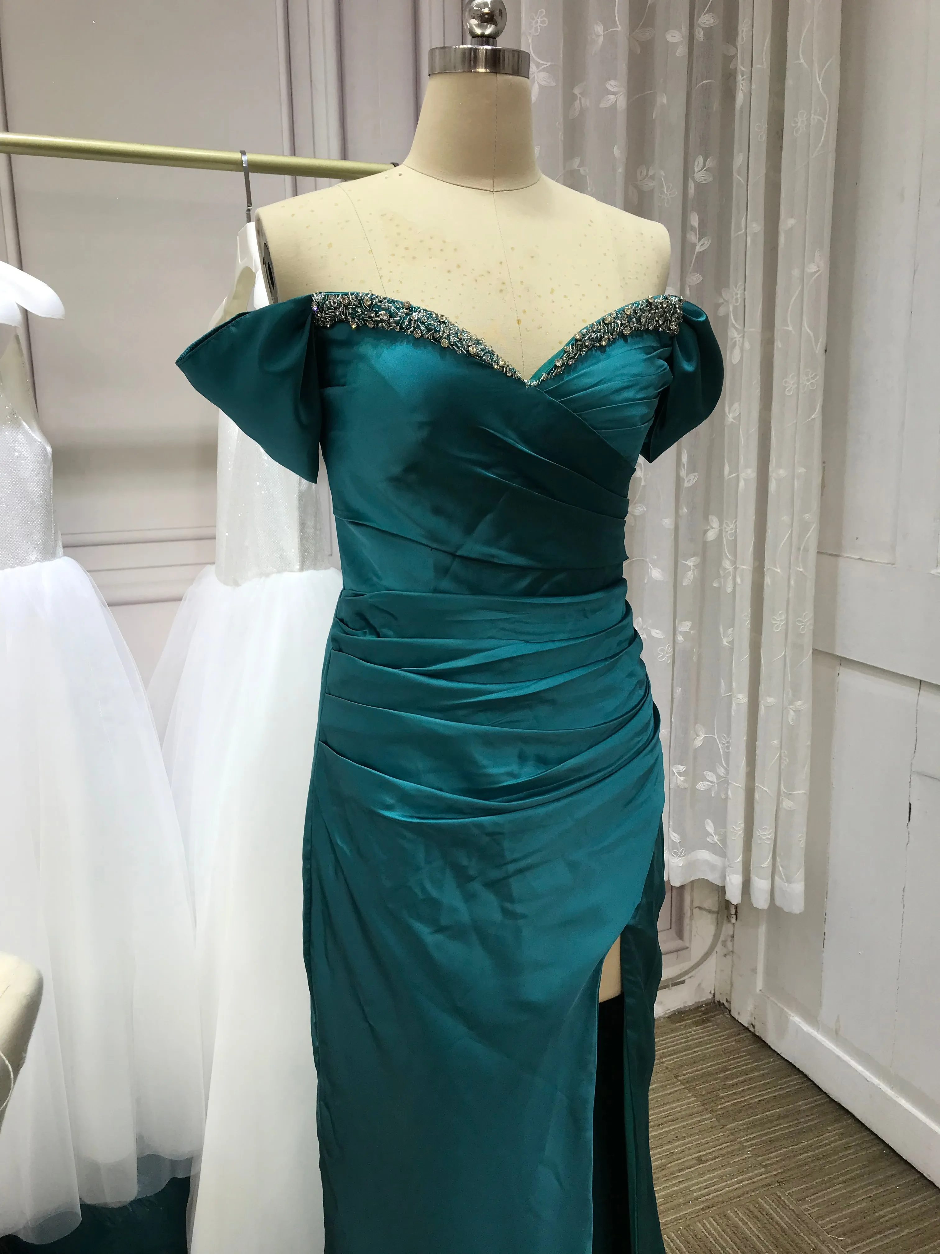 Chic and sexy off shoulder slit skirt peacock blue silk with some beads prom dresses