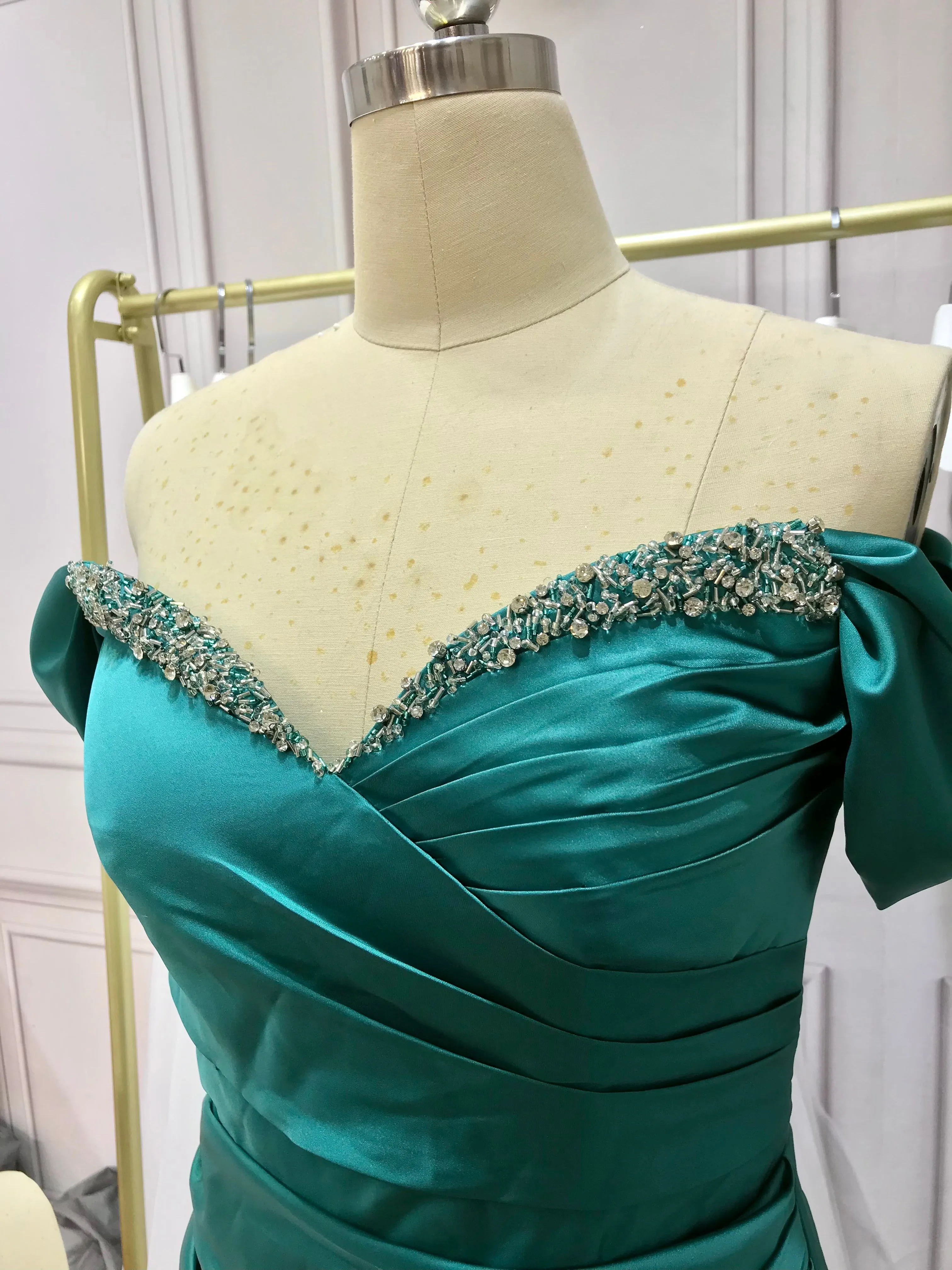 Chic and sexy off shoulder slit skirt peacock blue silk with some beads prom dresses