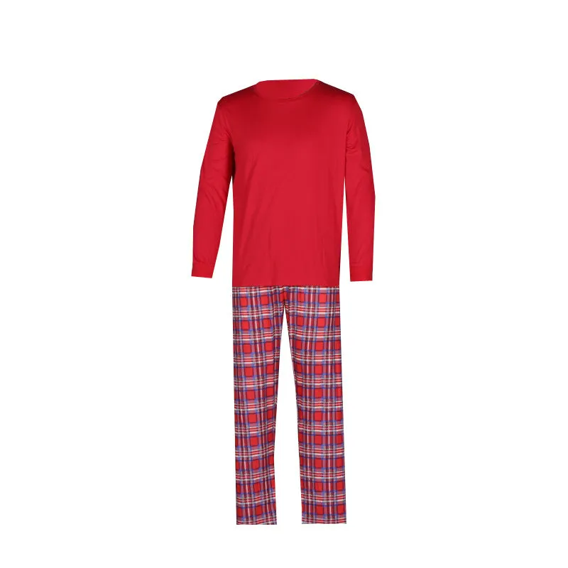 Christmas Long Sleeve Pure Red Top and Long Plaid Pants Family Matching Pajamas-2