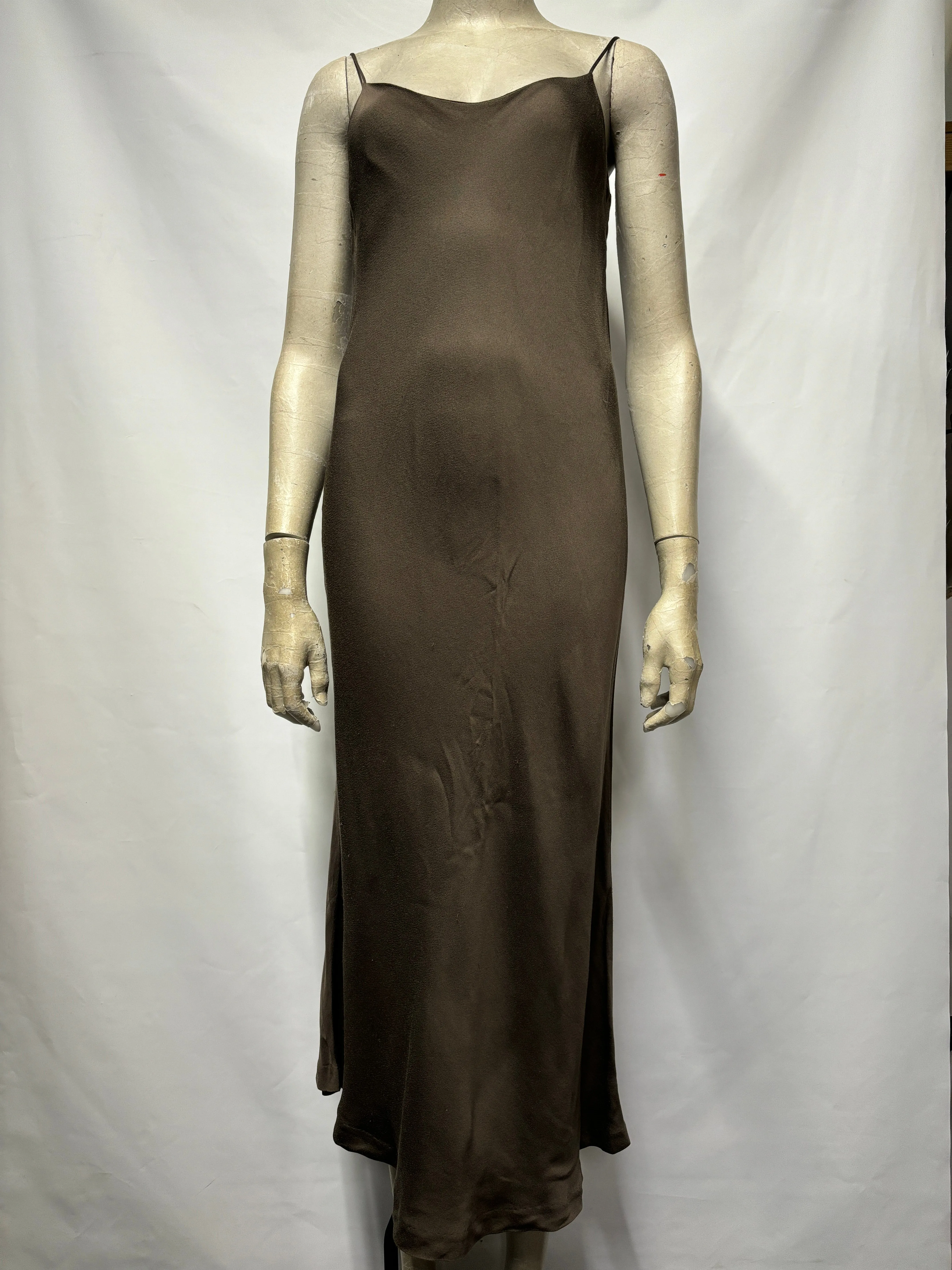 Comeandget Khaki Green Satin Midi Slip Dress Small