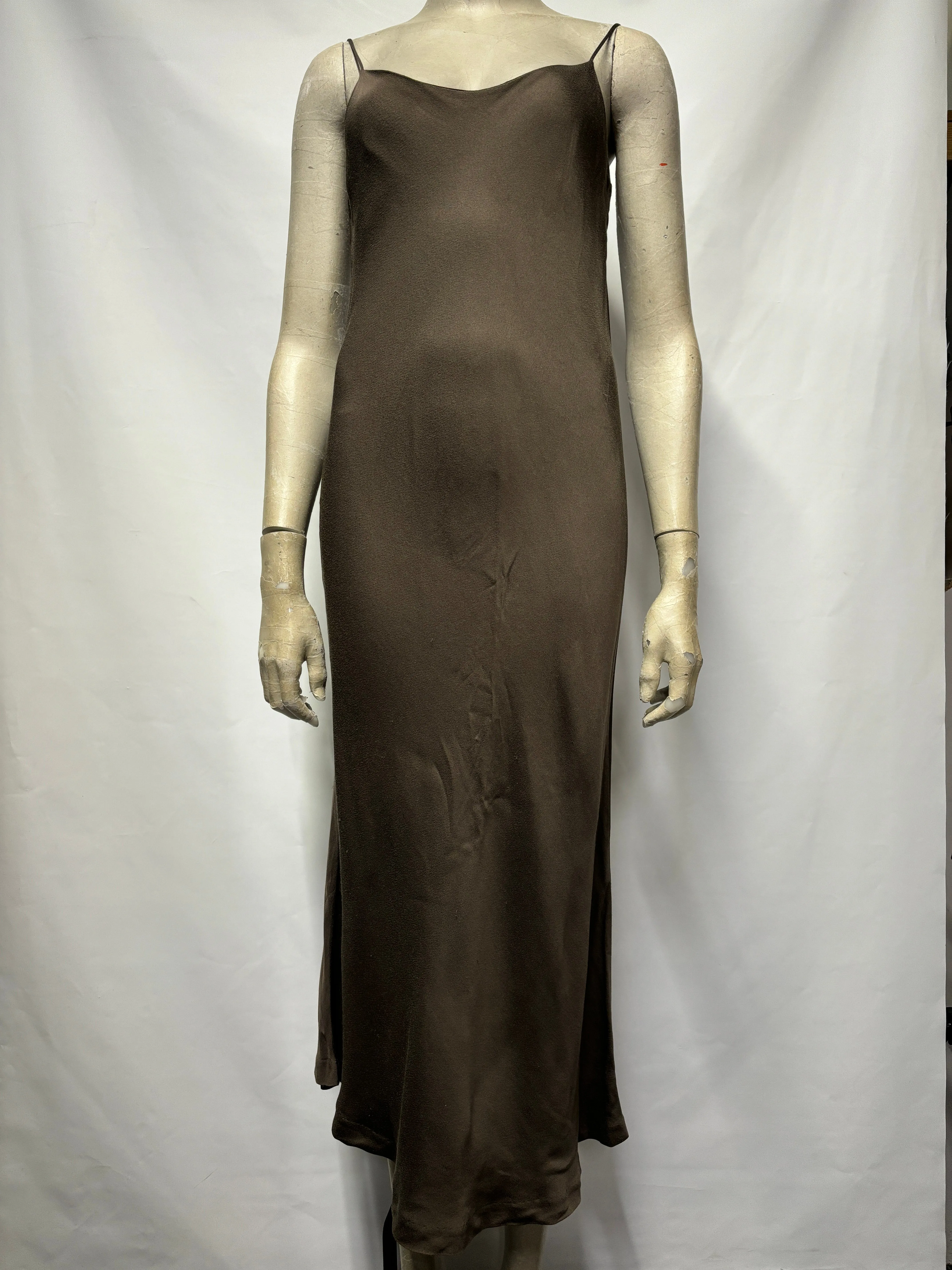 Comeandget Khaki Green Satin Midi Slip Dress Small