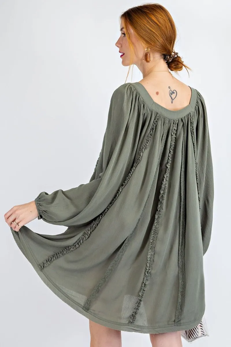 Easel Flowy Rayon Gauze Square Neckline Bubble Sleeves Lace Trim Dress