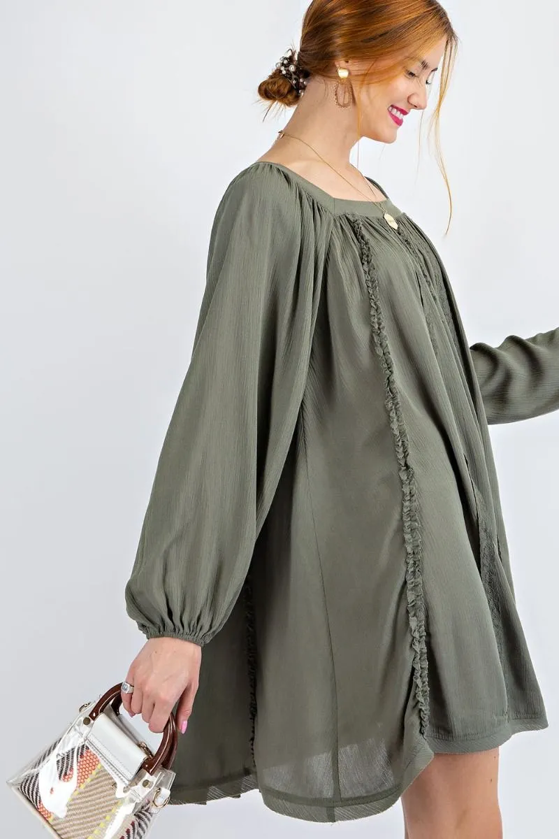 Easel Flowy Rayon Gauze Square Neckline Bubble Sleeves Lace Trim Dress