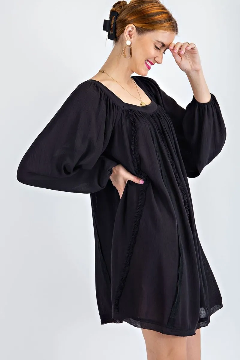 Easel Flowy Rayon Gauze Square Neckline Bubble Sleeves Lace Trim Dress