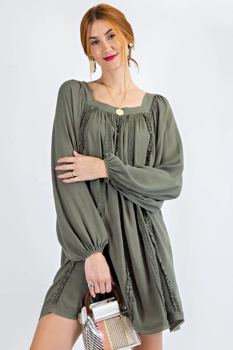 Easel Flowy Rayon Gauze Square Neckline Bubble Sleeves Lace Trim Dress