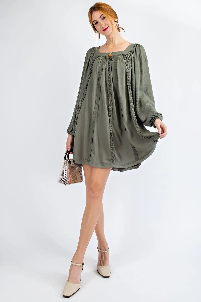 Easel Flowy Rayon Gauze Square Neckline Bubble Sleeves Lace Trim Dress