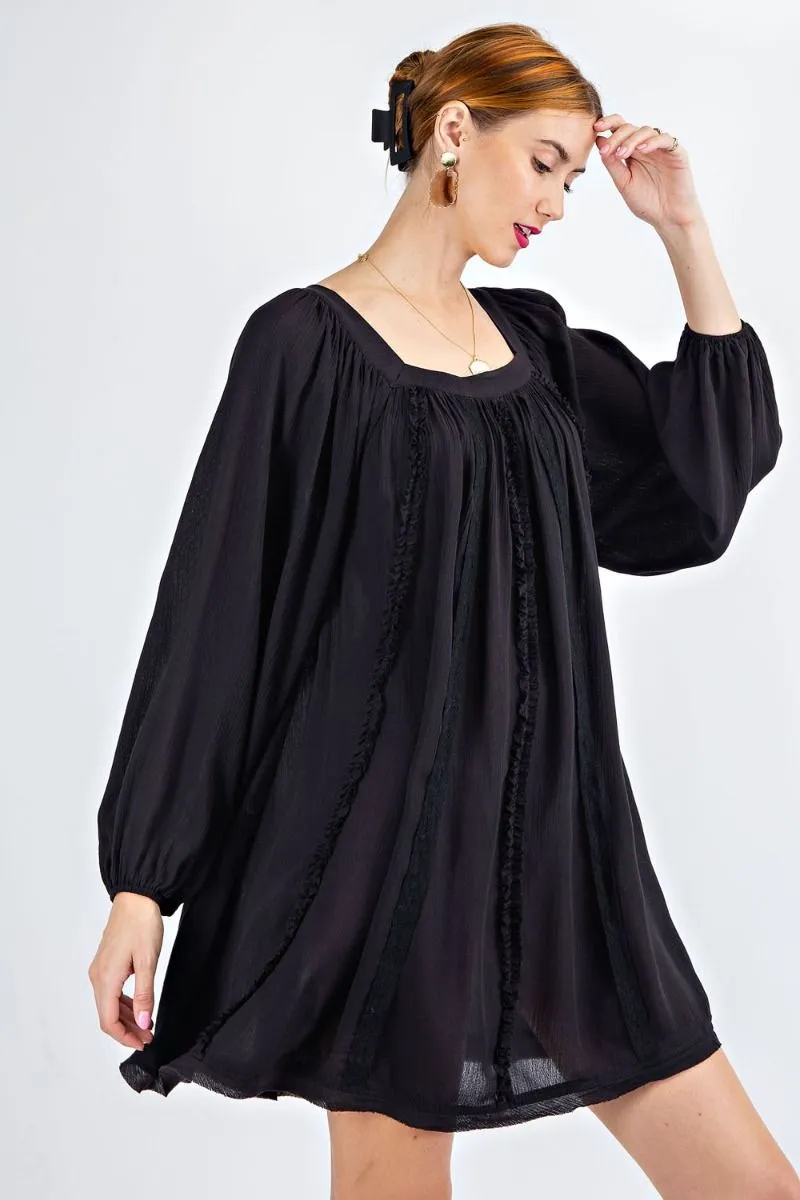 Easel Flowy Rayon Gauze Square Neckline Bubble Sleeves Lace Trim Dress