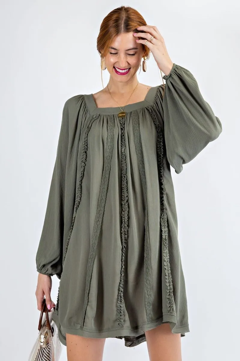 Easel Flowy Rayon Gauze Square Neckline Bubble Sleeves Lace Trim Dress