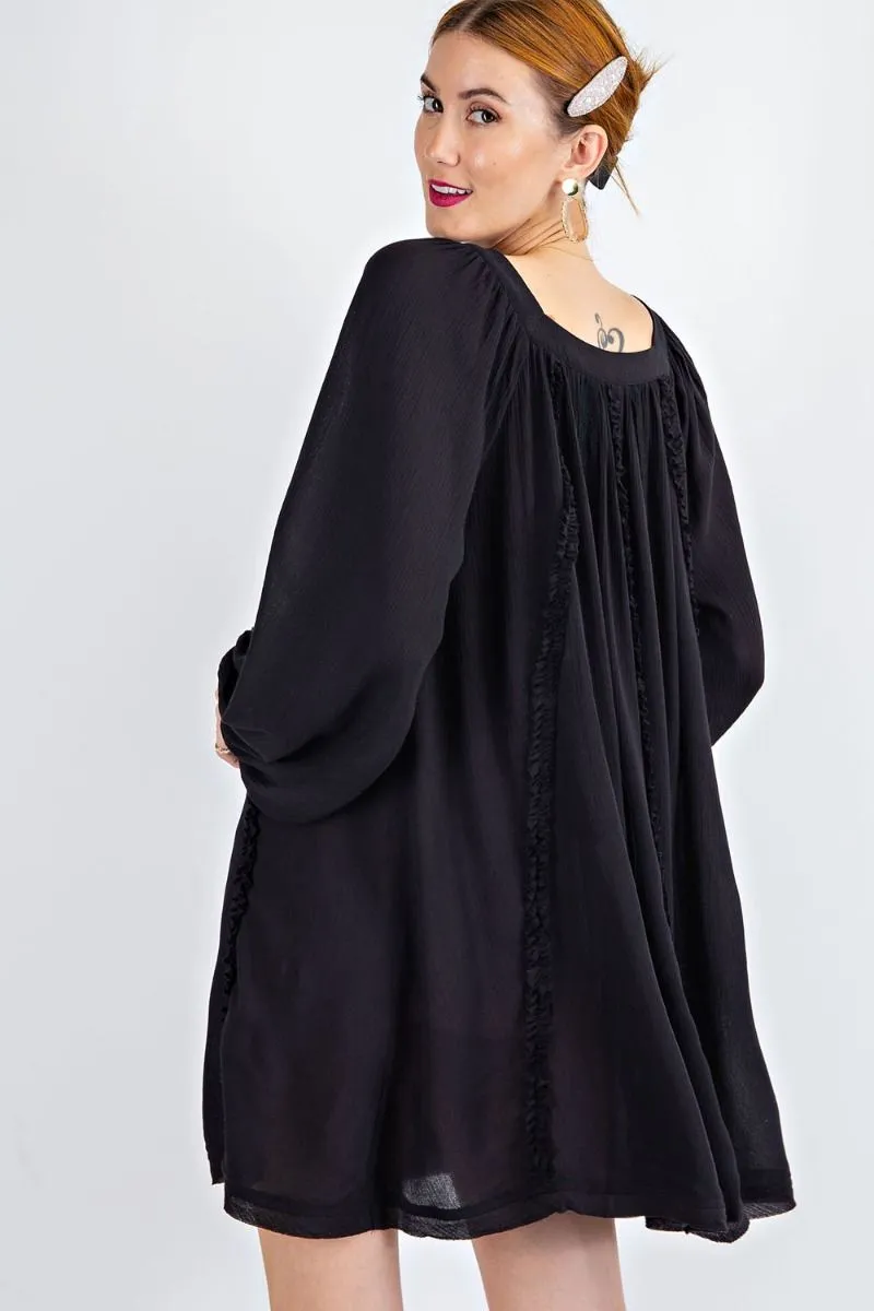 Easel Flowy Rayon Gauze Square Neckline Bubble Sleeves Lace Trim Dress