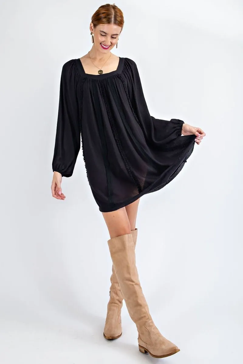 Easel Flowy Rayon Gauze Square Neckline Bubble Sleeves Lace Trim Dress