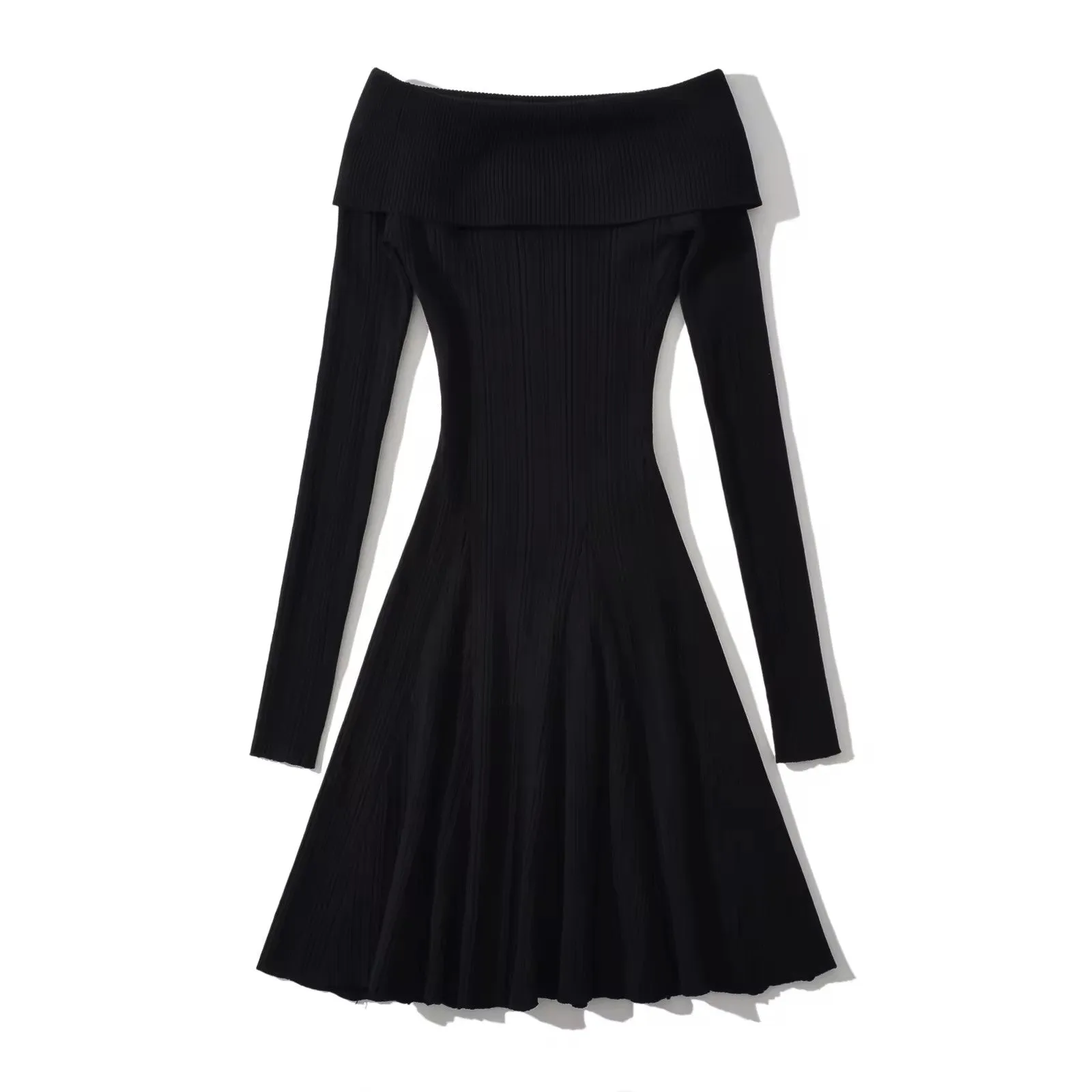 Farimond Black Slash Neck Long Sleeve Mini Knit Dress