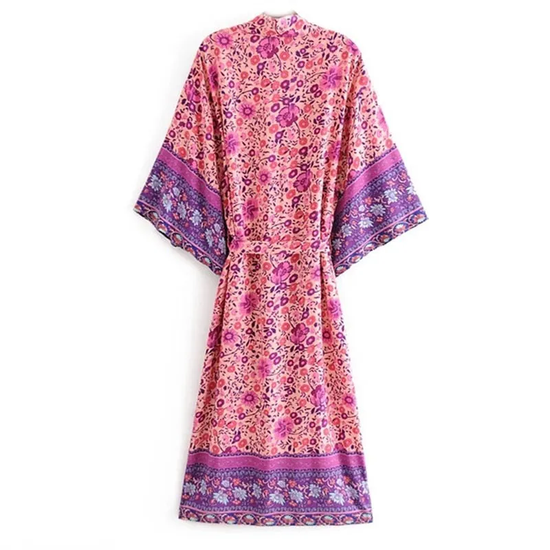 Floral Print Long Kimono Dress
