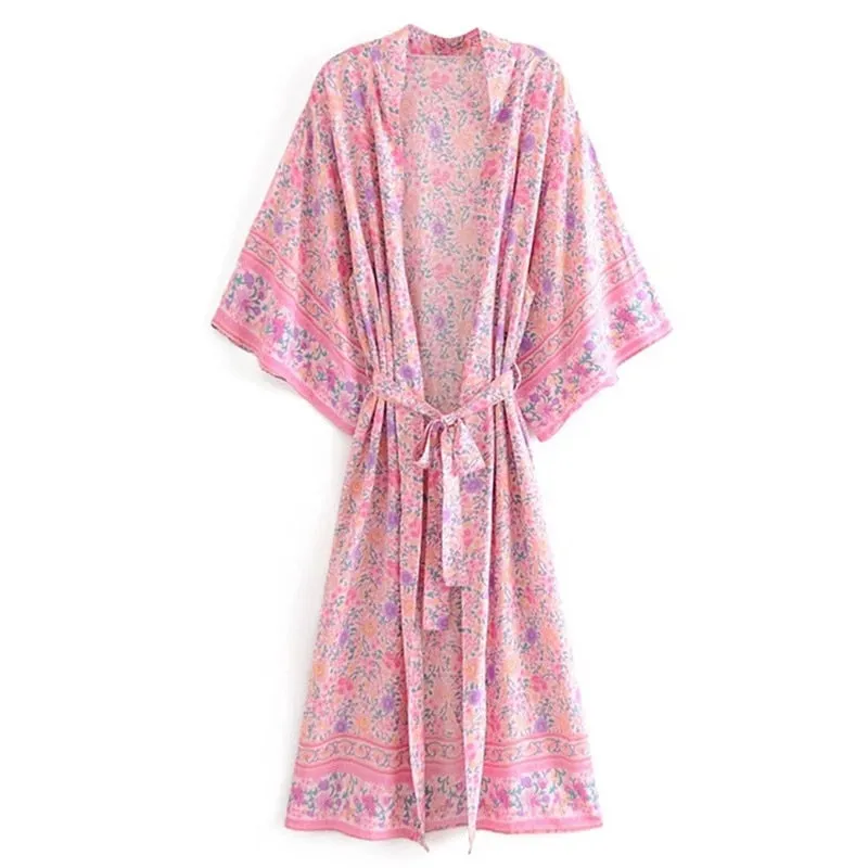 Floral Print Long Kimono Dress