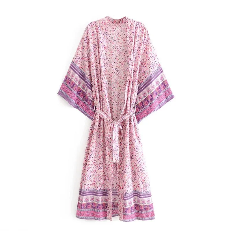 Floral Print Long Kimono Dress