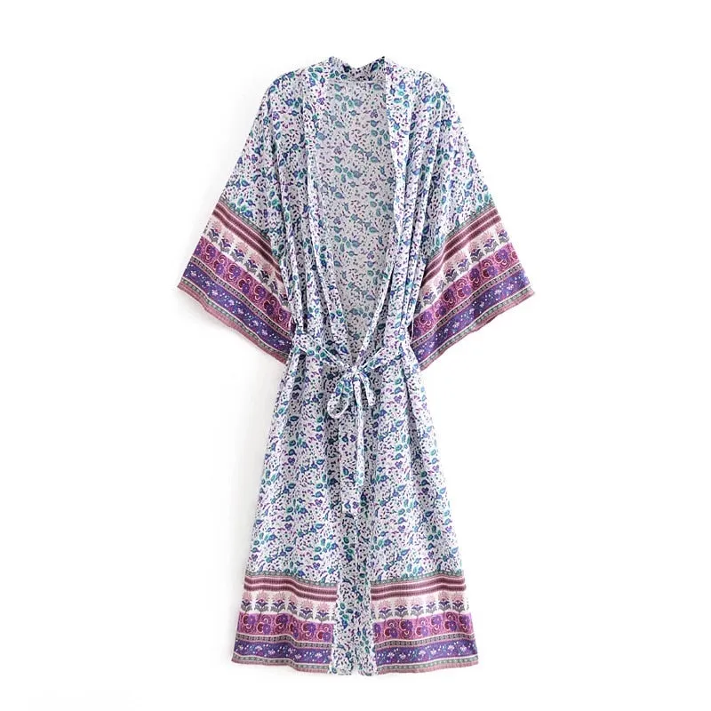 Floral Print Long Kimono Dress