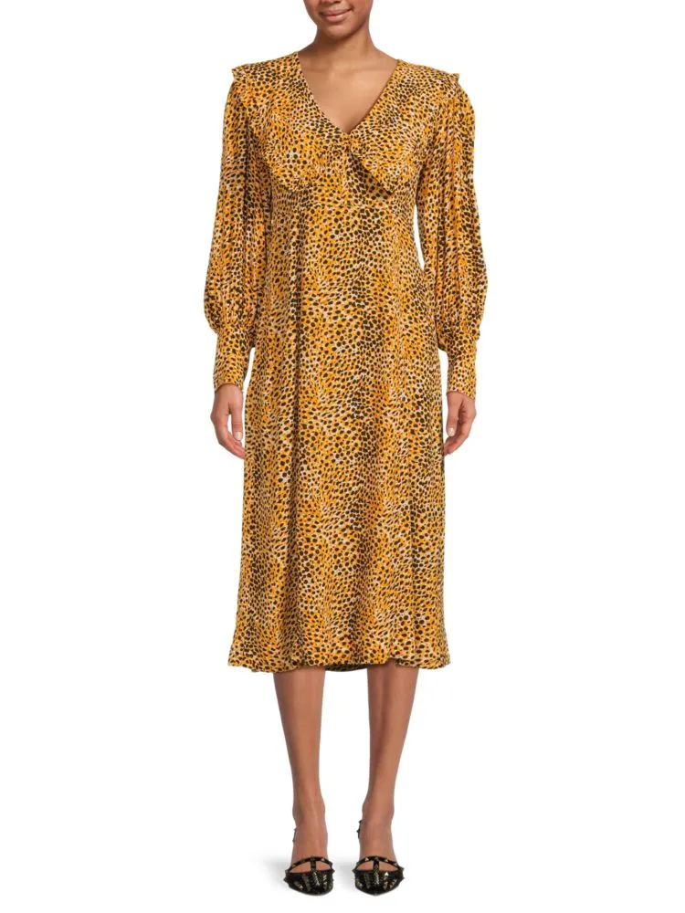 Ganni Animal Print Pilgrim Neck Midi Dress in Yellow Multicolor