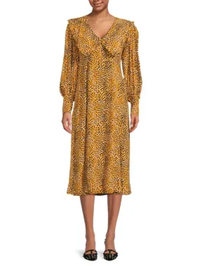 Ganni Animal Print Pilgrim Neck Midi Dress in Yellow Multicolor