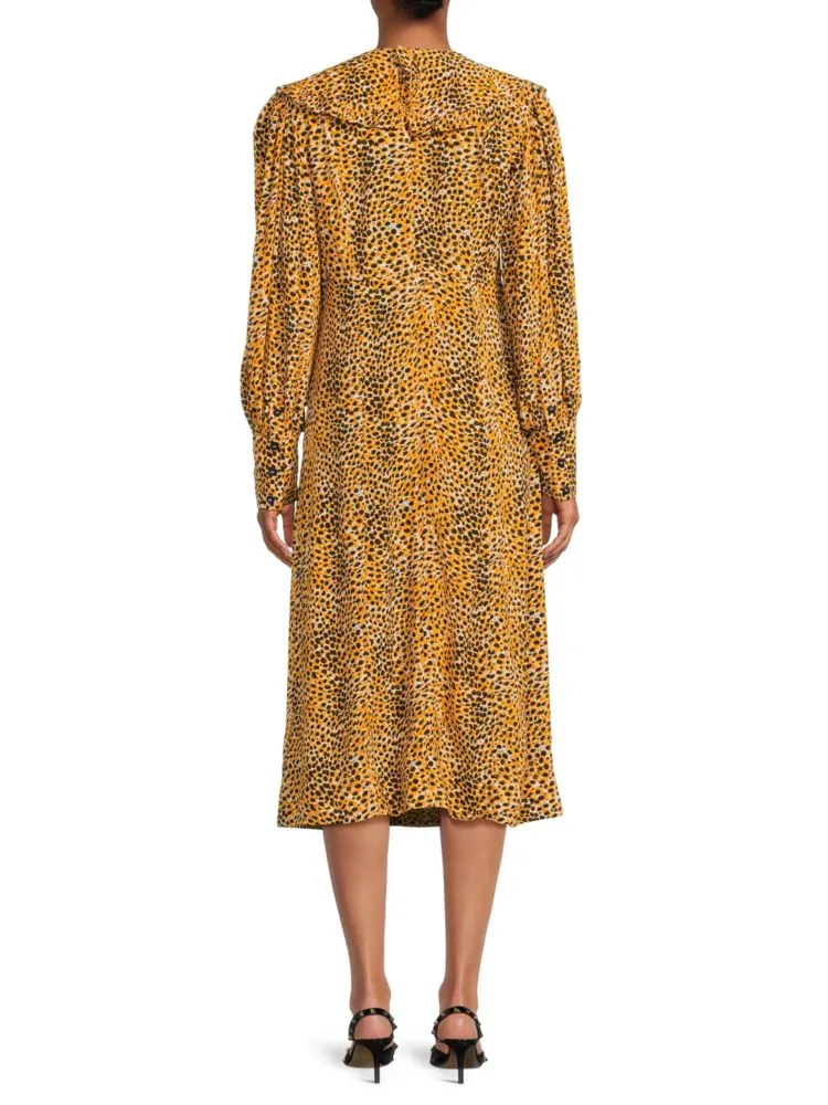 Ganni Animal Print Pilgrim Neck Midi Dress in Yellow Multicolor