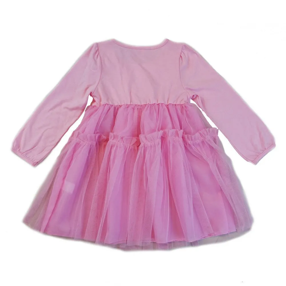 Girls Pink 3-D Flower Adorned Long Sleeve Dress S (9-24M)-XL (6-8)