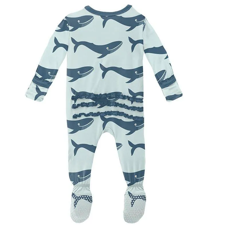 Girl's Print Bamboo Muffin Ruffle Footie with Zipper - Fresh Air Blue Whales