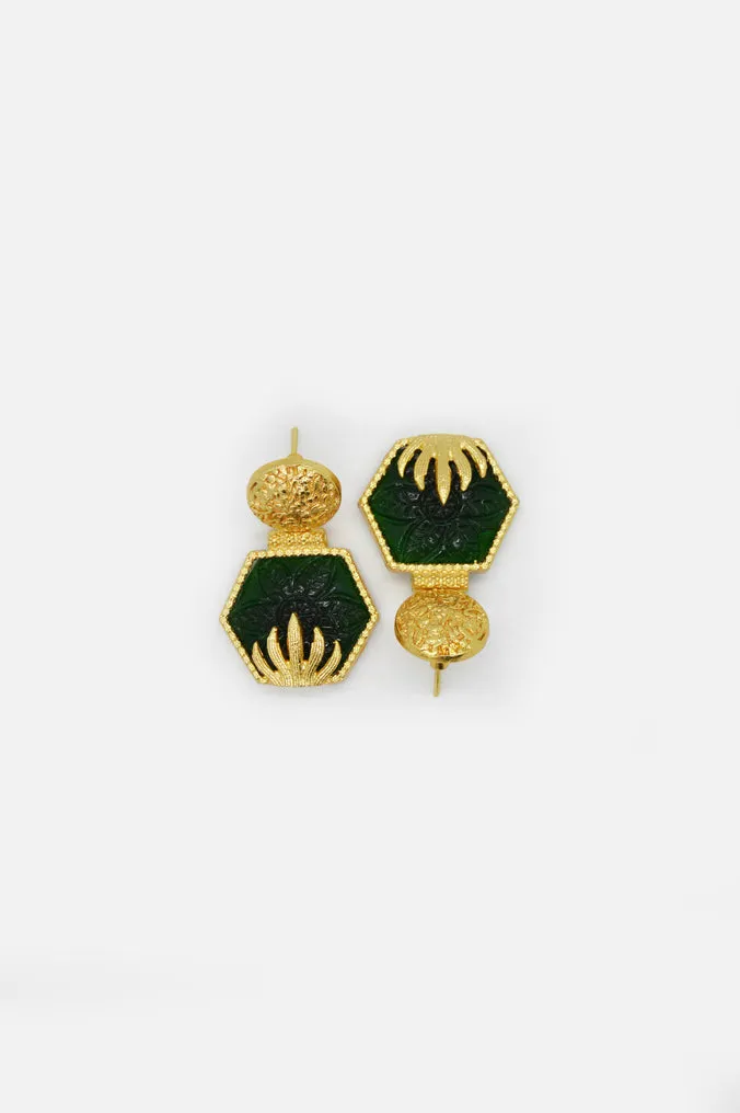 Handcrafted Gold Plated Deep Green Stone Earring
