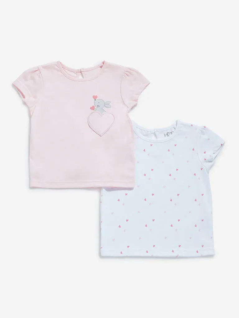 HOP Baby White & Light Pink Cotton T-Shirts - Pack of 2