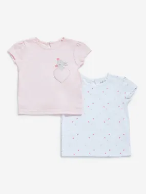 HOP Baby White & Light Pink Cotton T-Shirts - Pack of 2