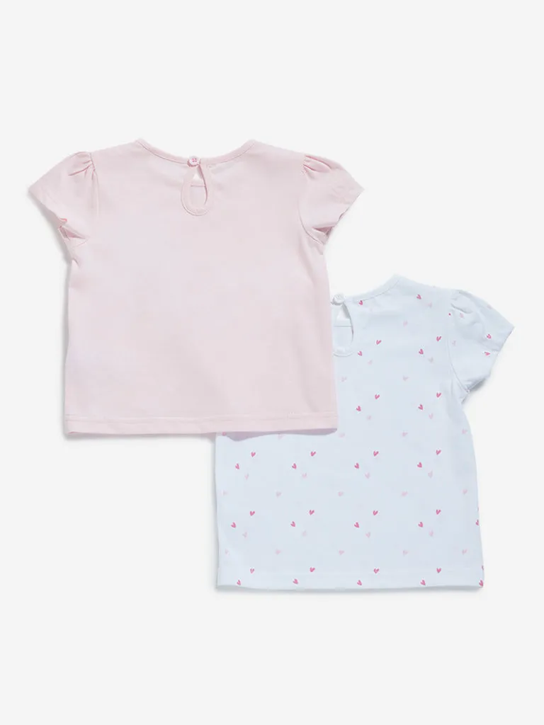 HOP Baby White & Light Pink Cotton T-Shirts - Pack of 2