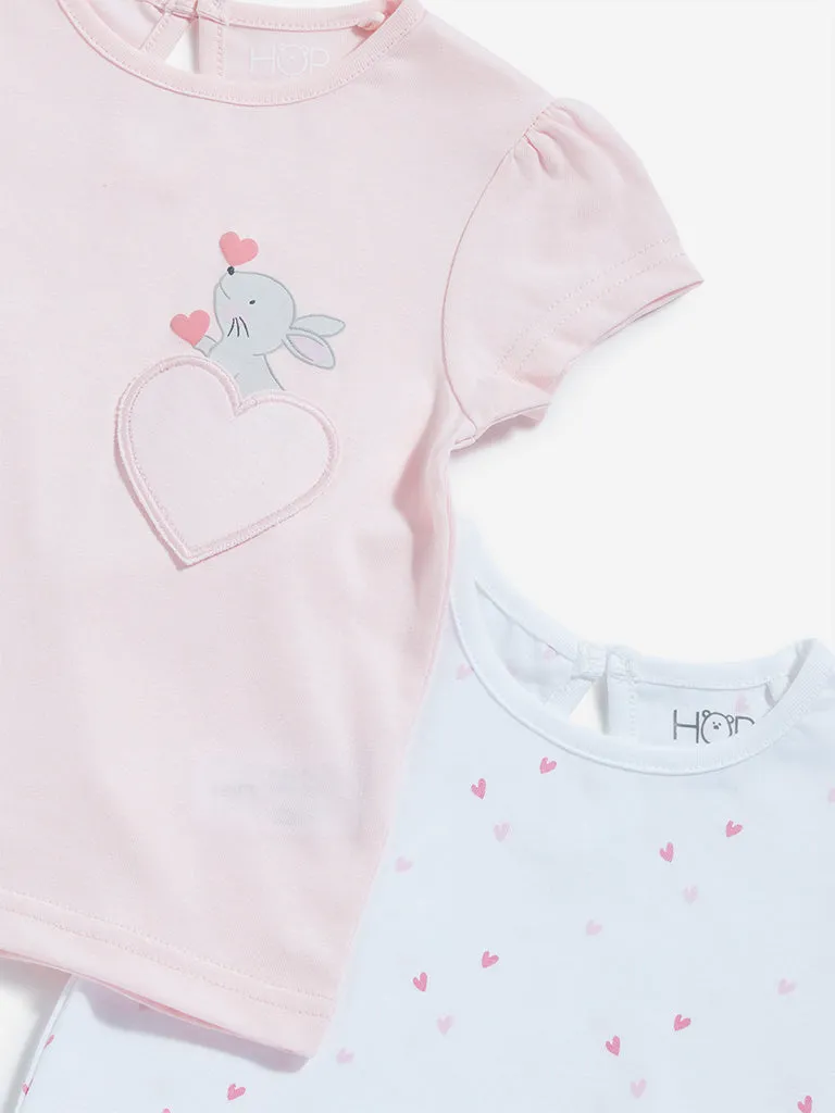 HOP Baby White & Light Pink Cotton T-Shirts - Pack of 2