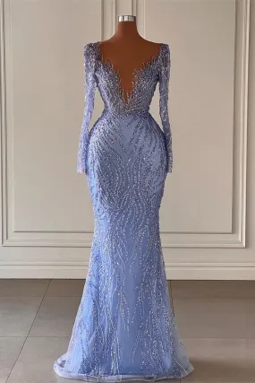kamahe Chic V-Neck Long Sleeves Mermaid Prom Dresses with Beads