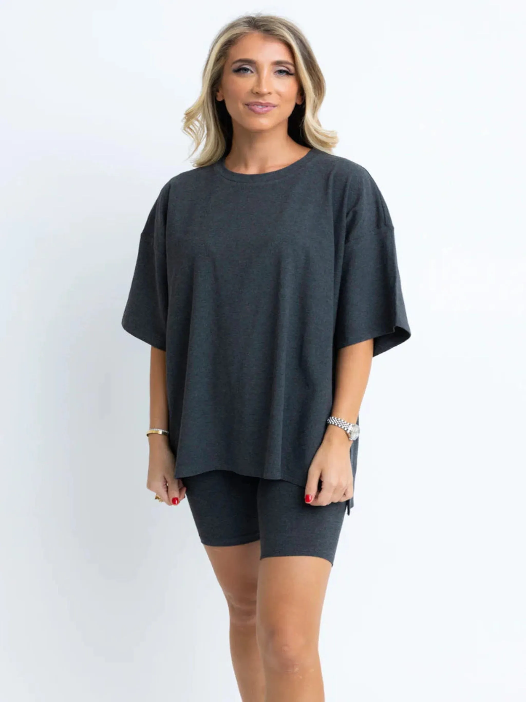 Karlie Solid Ribbed Knit Biker Shorts - Dark Grey