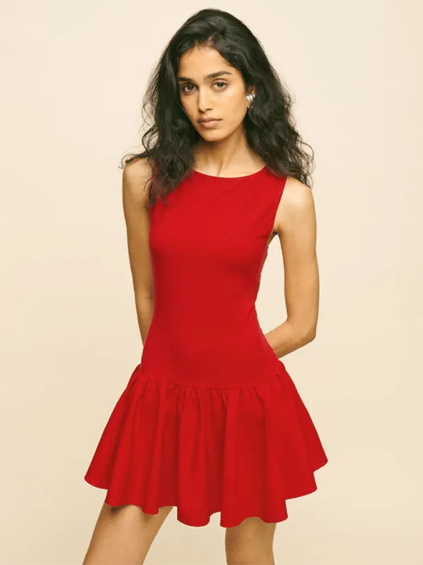 Ladies new solid color sleeveless stitching dress