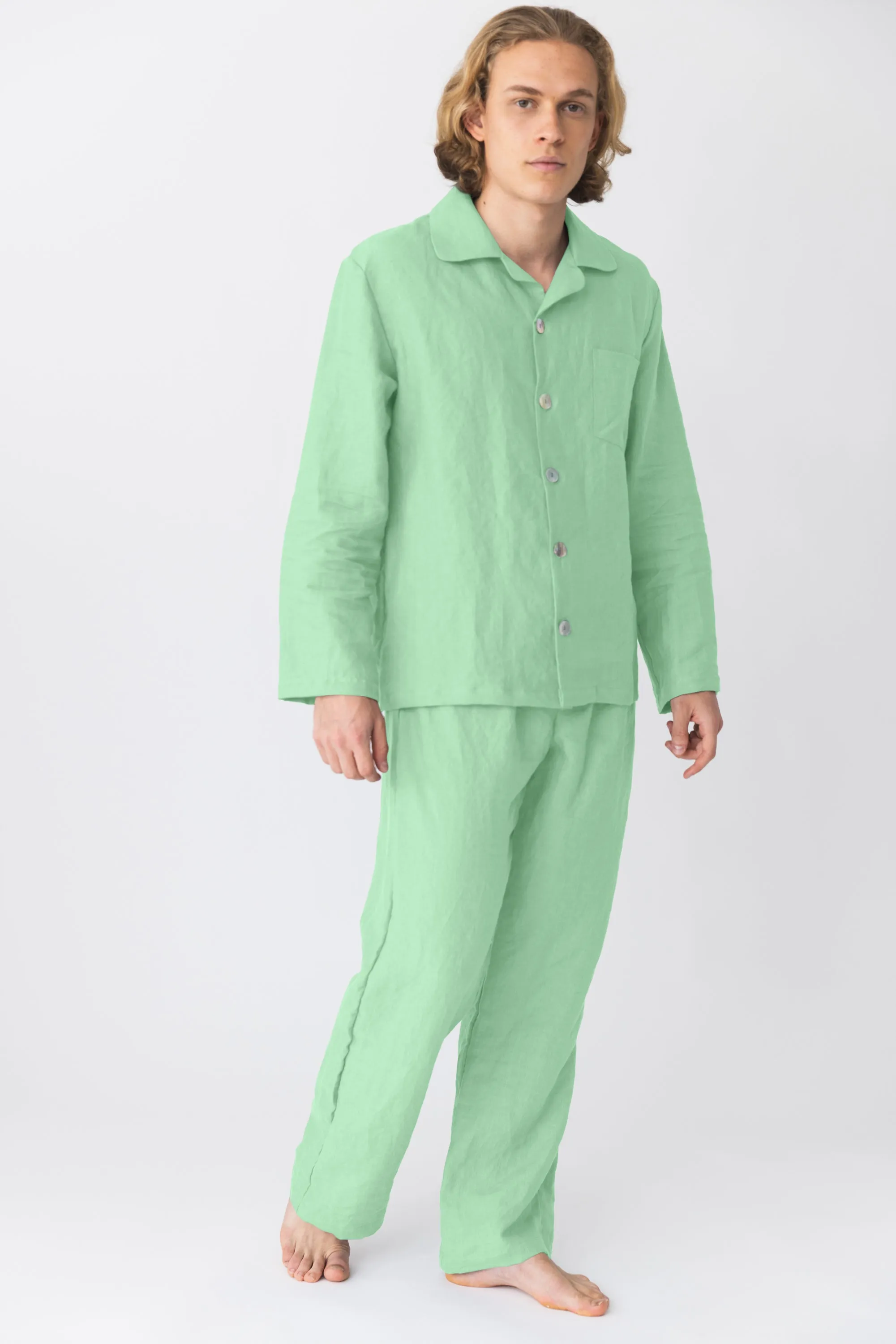 Long-sleeved linen pajamas mint green - Diego