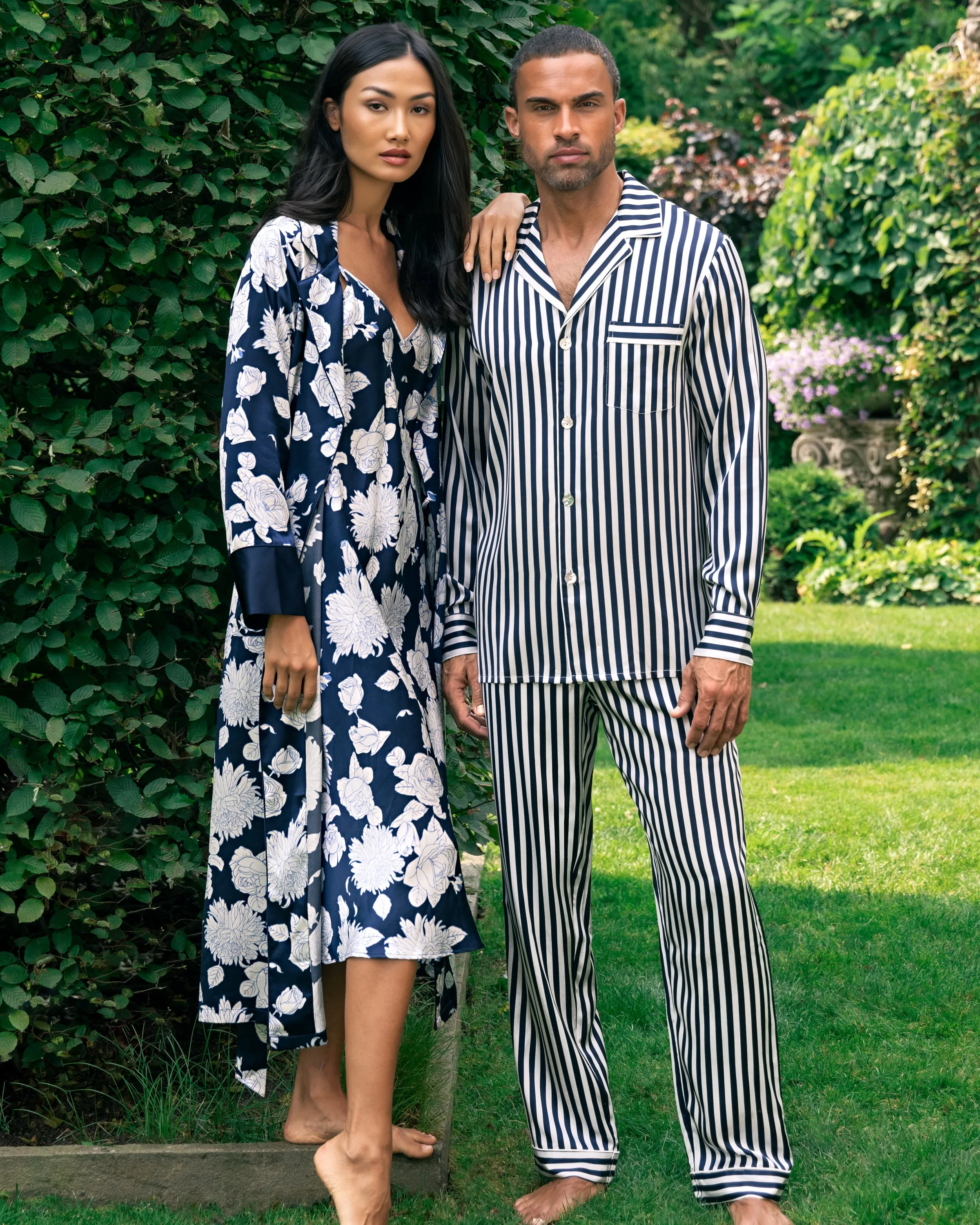 Men's Silk Pajama Set in Navy Bengal Stripe