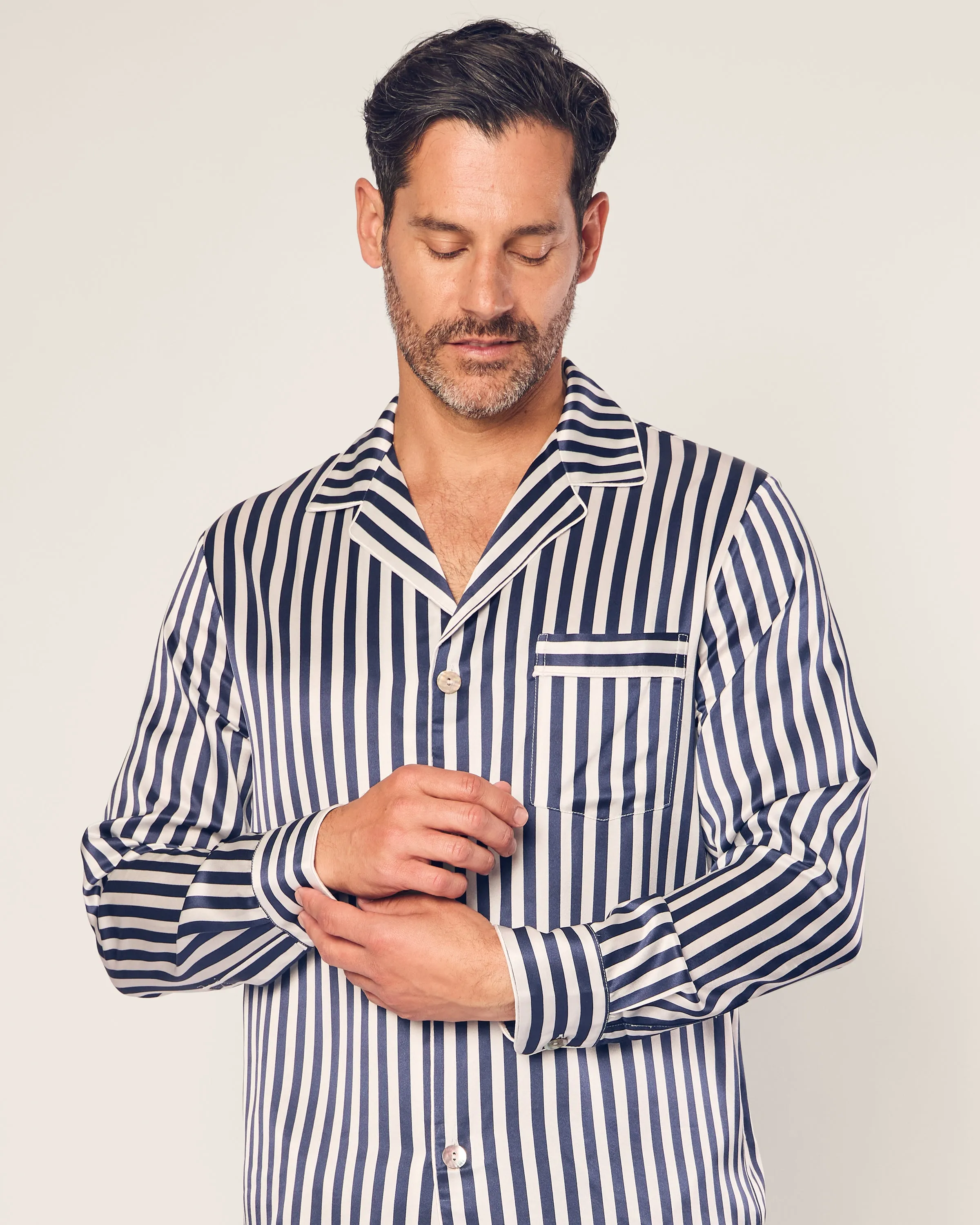 Men's Silk Pajama Set in Navy Bengal Stripe