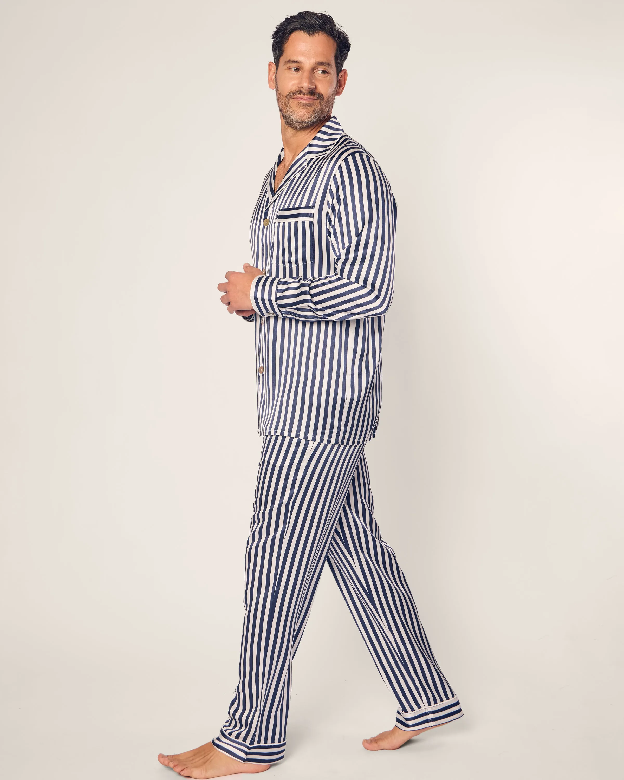 Men's Silk Pajama Set in Navy Bengal Stripe