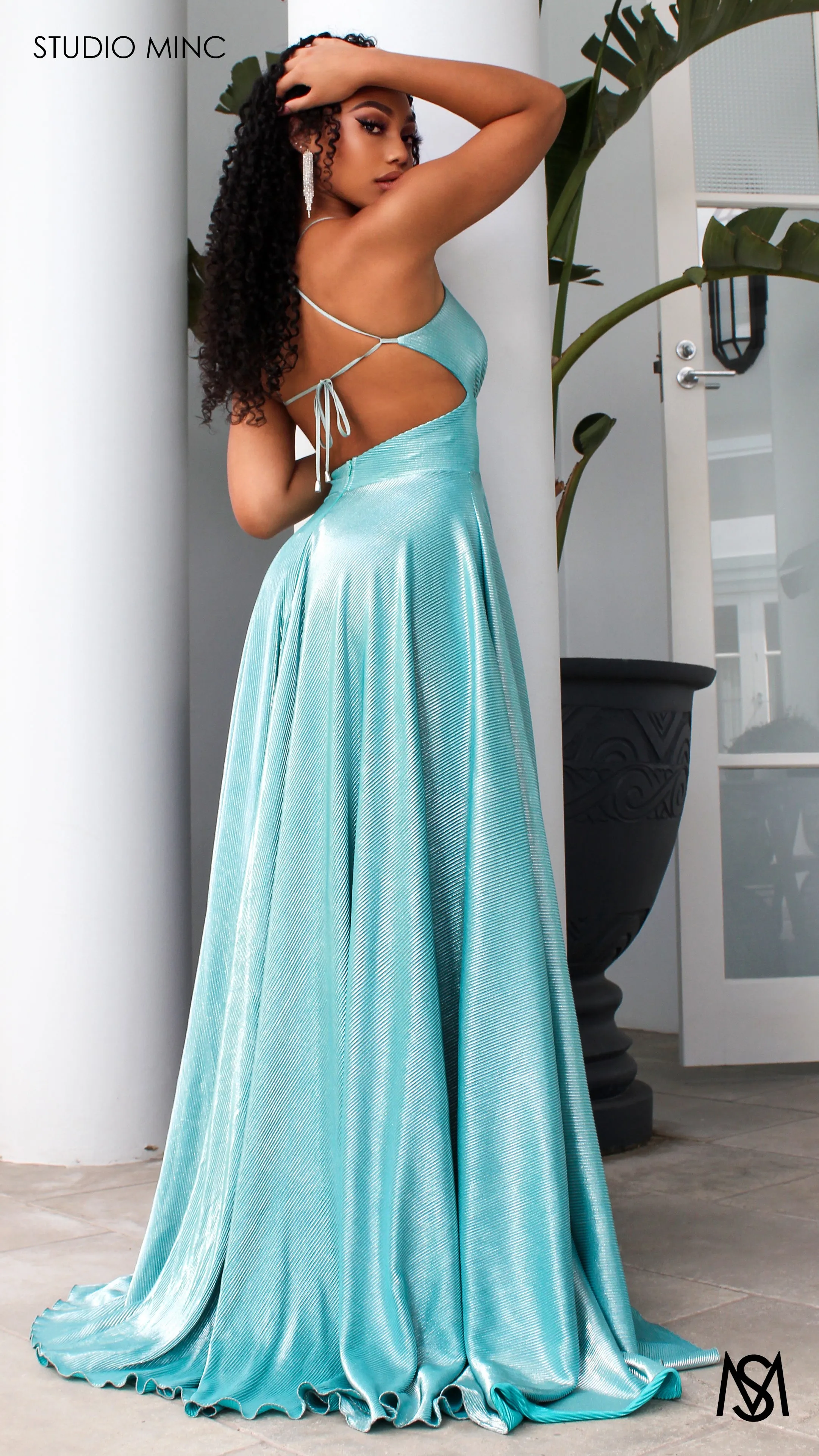 METALLIC COSMO - Teal Green Flowy Formal Dress with Leg Split & Cut Outs