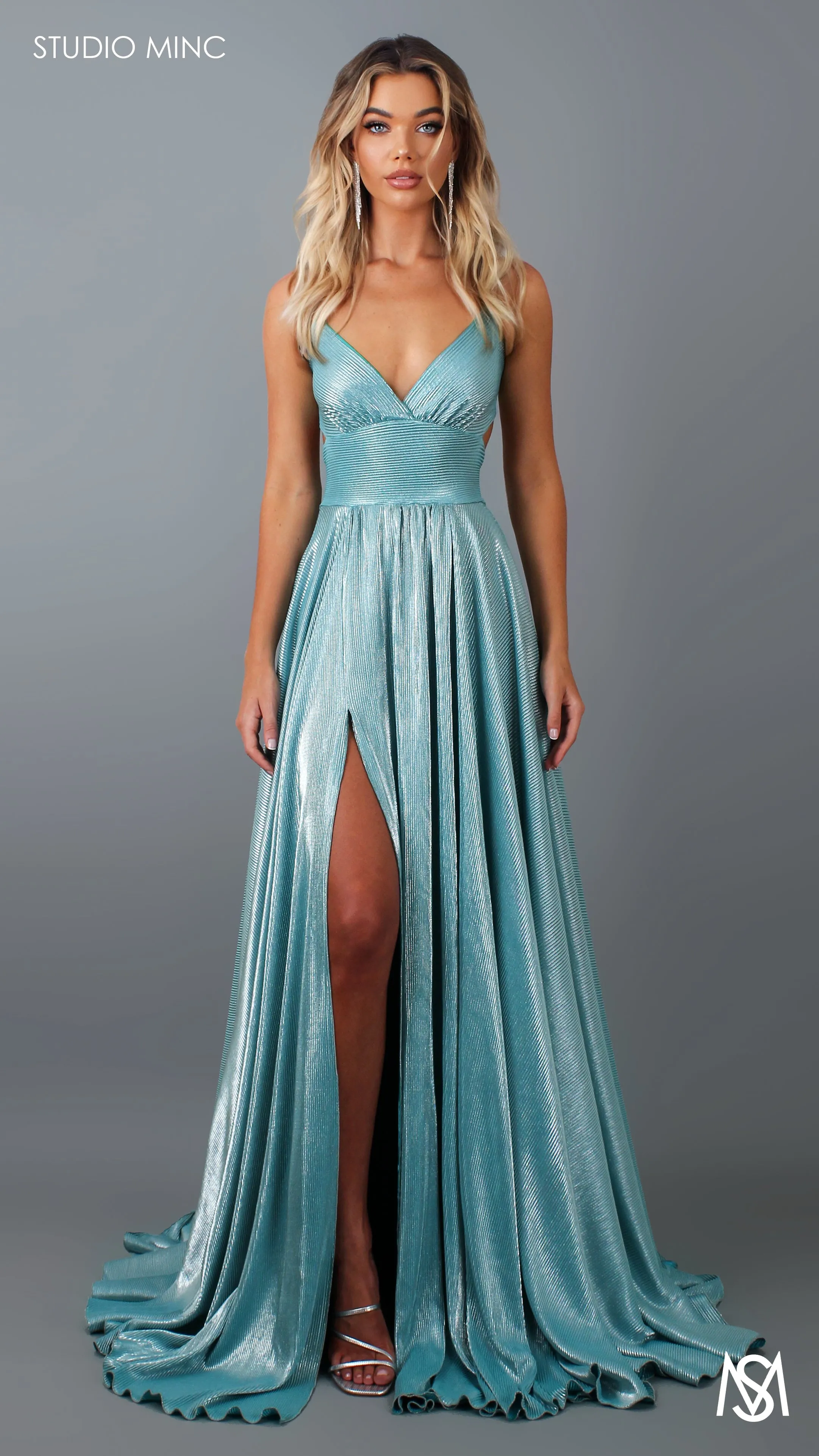 METALLIC COSMO - Teal Green Flowy Formal Dress with Leg Split & Cut Outs