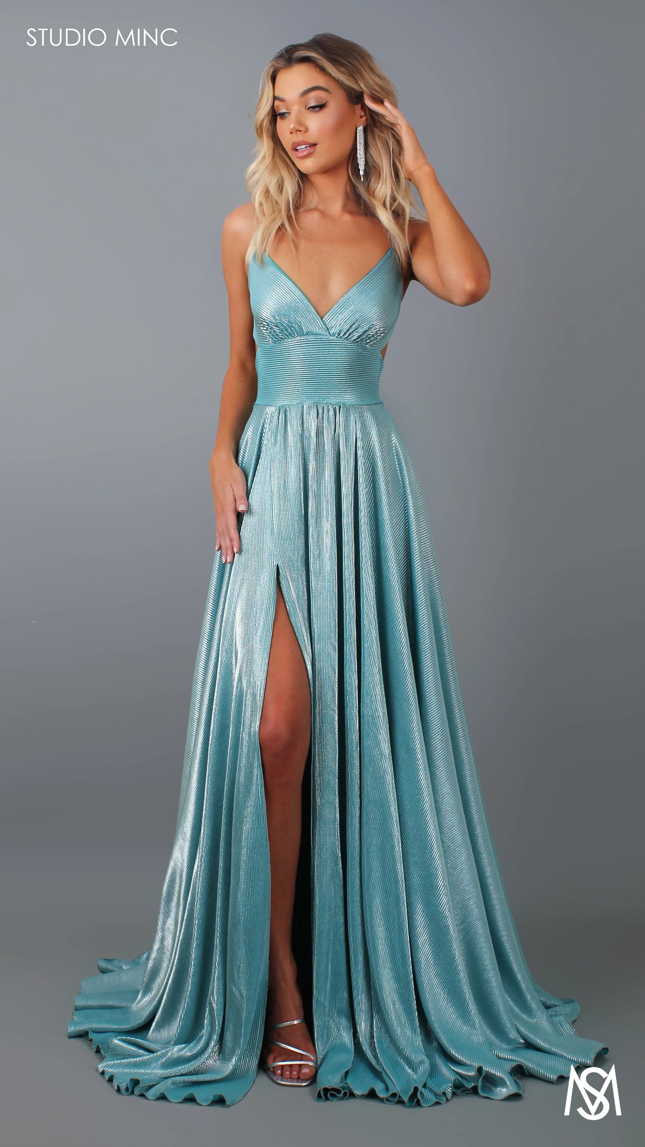 METALLIC COSMO - Teal Green Flowy Formal Dress with Leg Split & Cut Outs