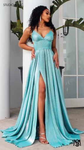 METALLIC COSMO - Teal Green Flowy Formal Dress with Leg Split & Cut Outs